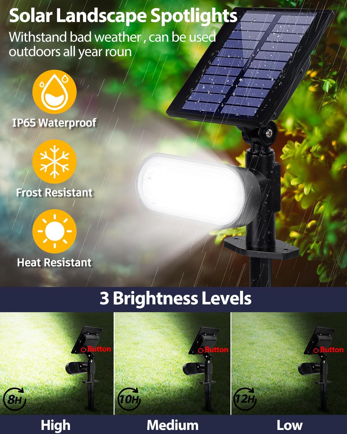 Solar Spot Lights Outdoor, 3 Lighting Modes Landscape Spotlights, IP65 Waterproof Solar Powered Outside Lights for Garden Yard Pathway Tree Flag, Cool White, 2 Pack