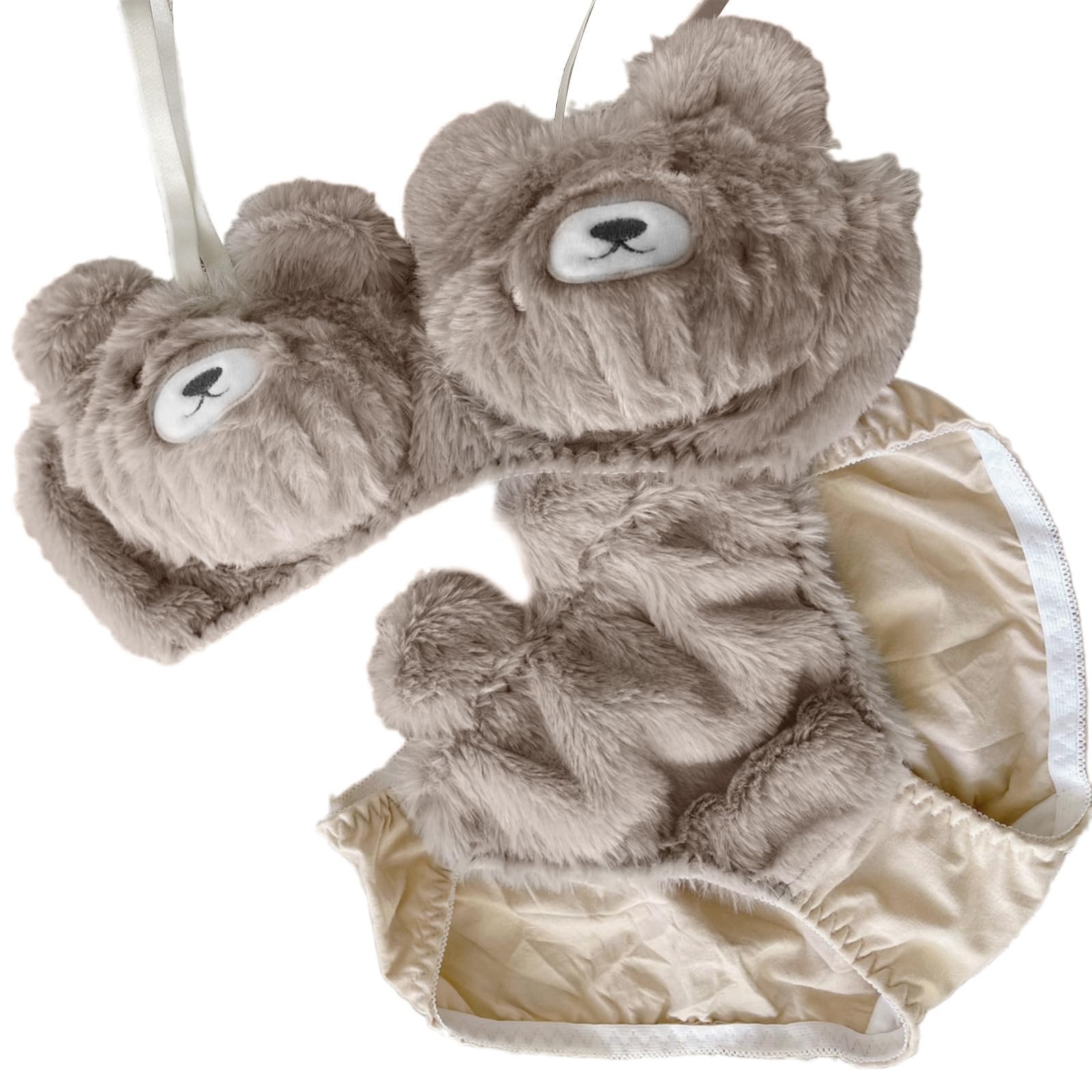 MHADBKH Women's Girls Sweet Plush Underwear Female Anime Cartoon Bear Pattern Furry Bra And Panty Set Winter Lingerie Intimates Anime Cartoon Furry Underwear Lingerie Khaki