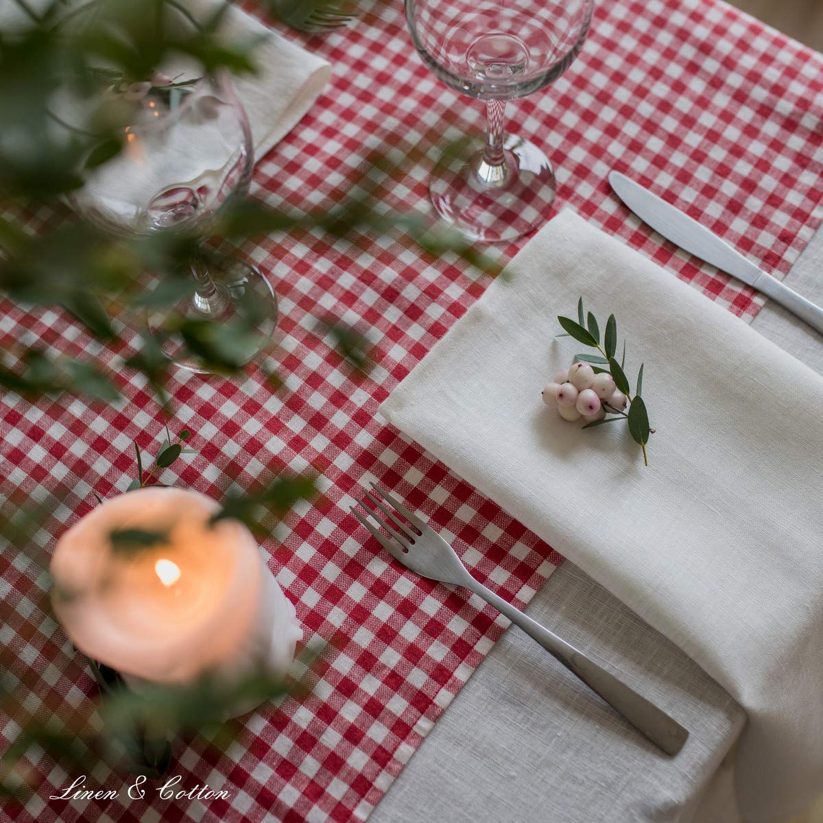 Linen & Cotton Tischläufer Estella - 100% Leinen, Weiß Rot, 40 x 300 | Stoff Tischdekoration Tischwäsche, Kariert Läufer Tisch Esstisch für Küche Haus Landhaus Festival Event Frühling Ostern