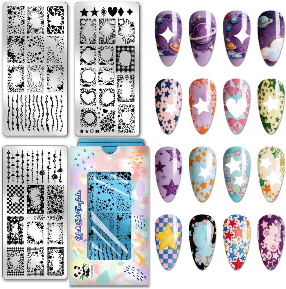 PH PandaHall 3pcs French Tip Nail Stamping Plates Star Sun Heart Nail Art Templates Wave Stripe Nails Art Stencils Geometric Texture Nails Stamp Plate for Women Manicures Salon DIY Print Design