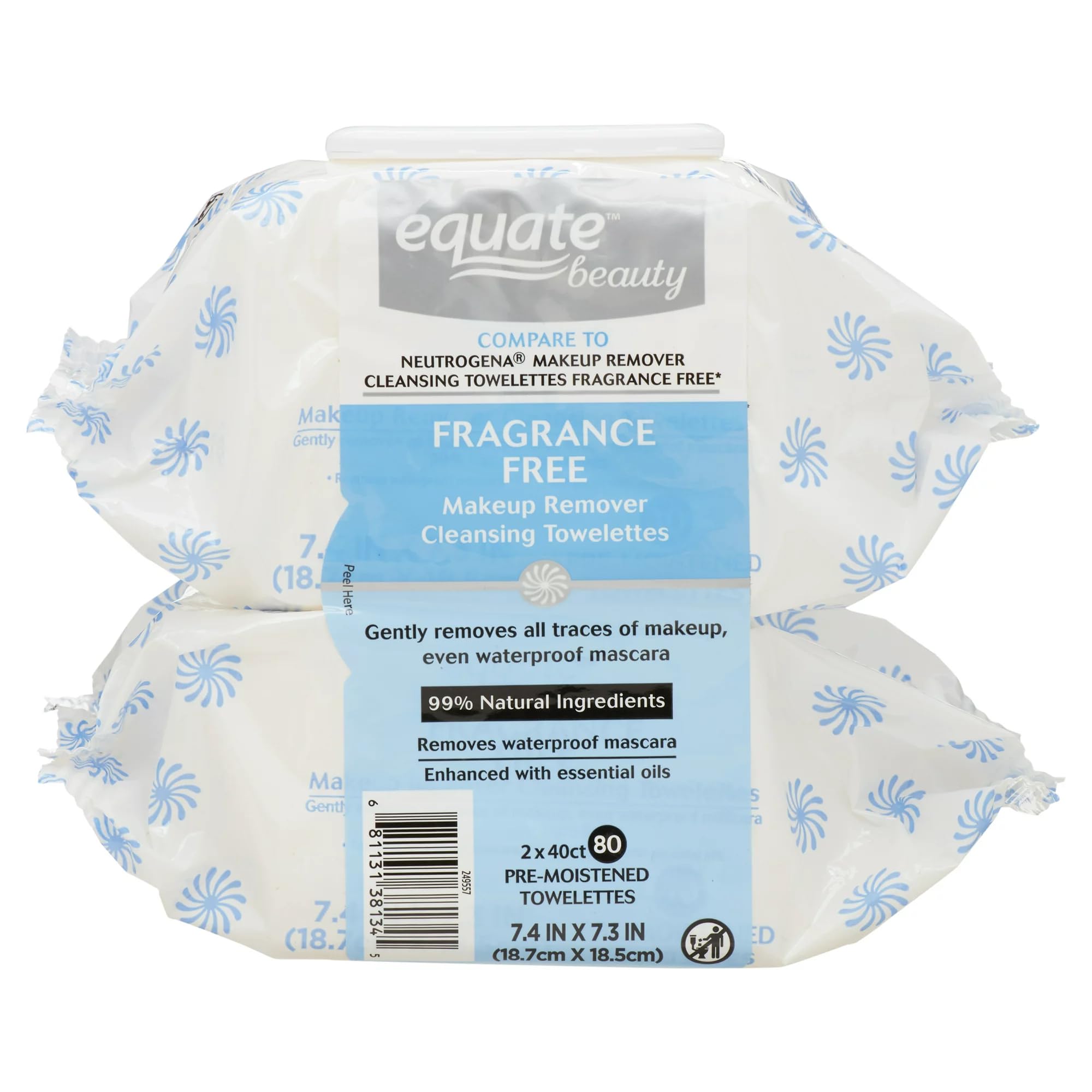 Equate Facial Beauty Fragrance-Free Cleansing & Makeup Remover Towelettes, 80 Count, 2 Pack
