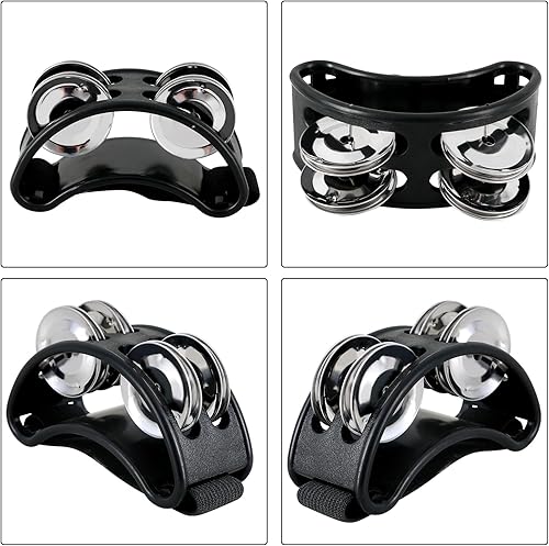 Miniatura 25 de EASTROCK Pandereta de percusión de pie, instrumento musical de percusión de pie con cascabeles de acero dorado para tocar guitarra de tambor, negro