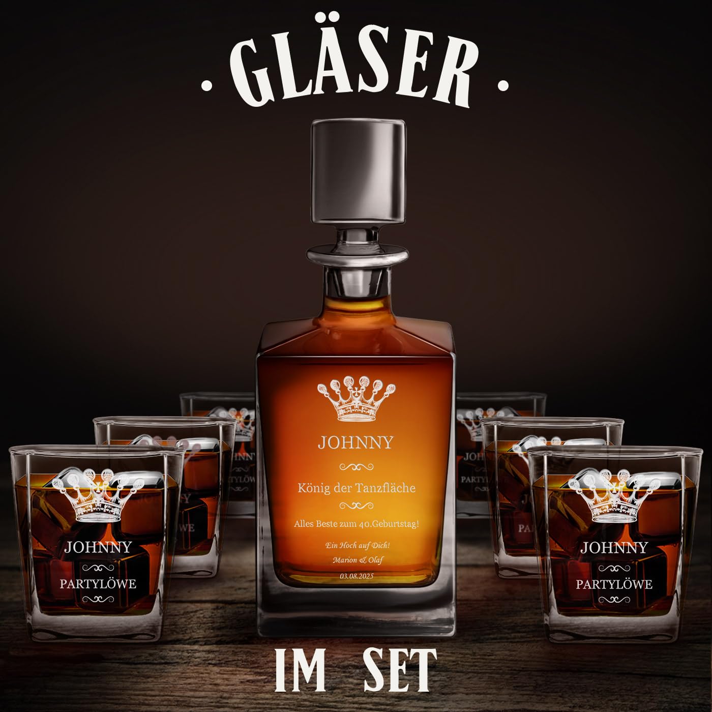 Maverton Cube Whiskykaraffe 810 ml + 6er Whiskygläser Set mit Gravur