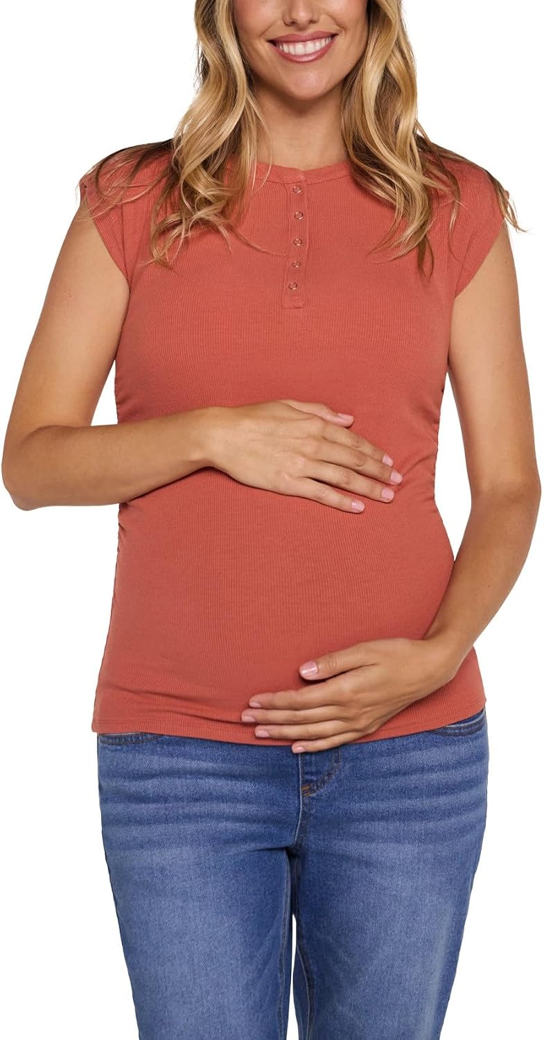 Motherhood Maternity Women's Cap Sleeve Henley Muscle Side Ruched Ribbed Pregnancy Tee Shirt