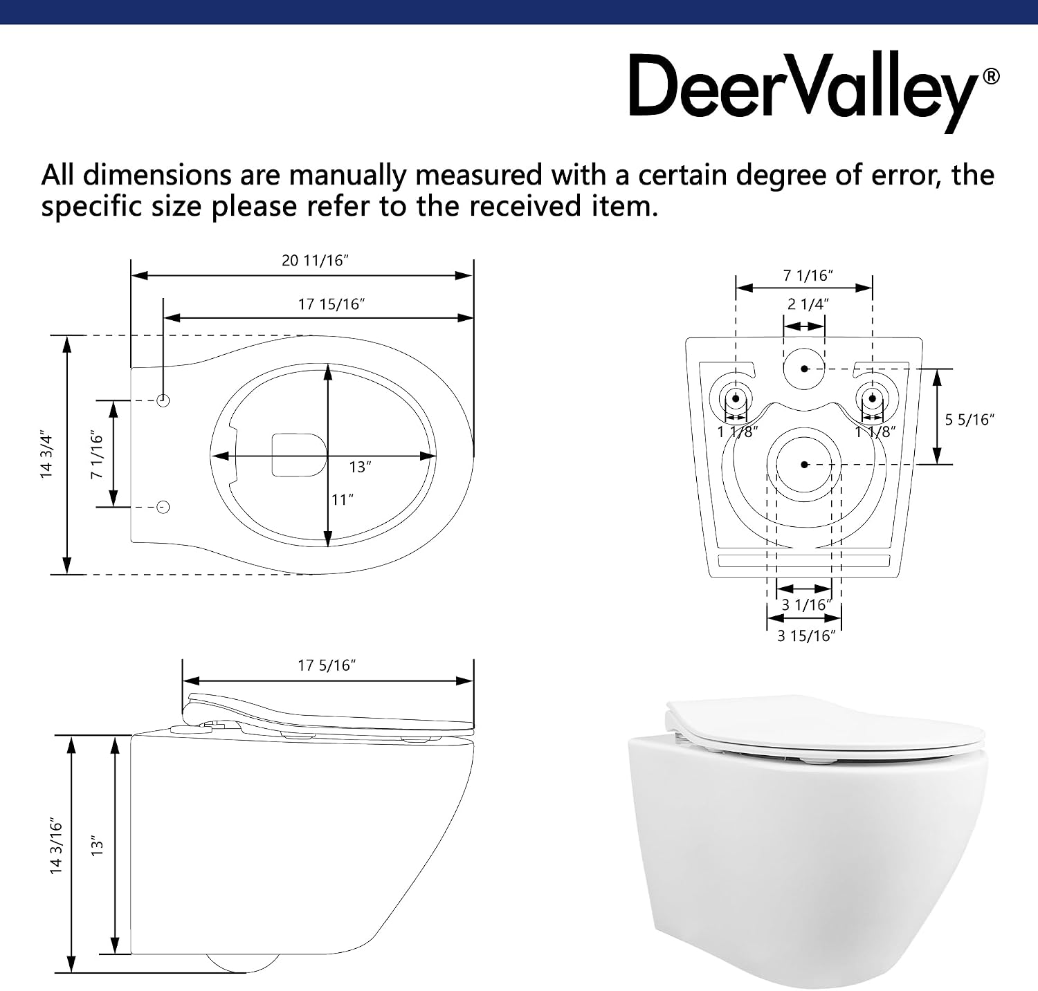 DeerValley Wall Hung Toilet Bowl, Elongated Wall Mounted Toilet with Soft Close Seat, 1.1GPF/1.6 GPF Dual Flush, Compact Toilet for Small Bathroom, White (Only Bowl)