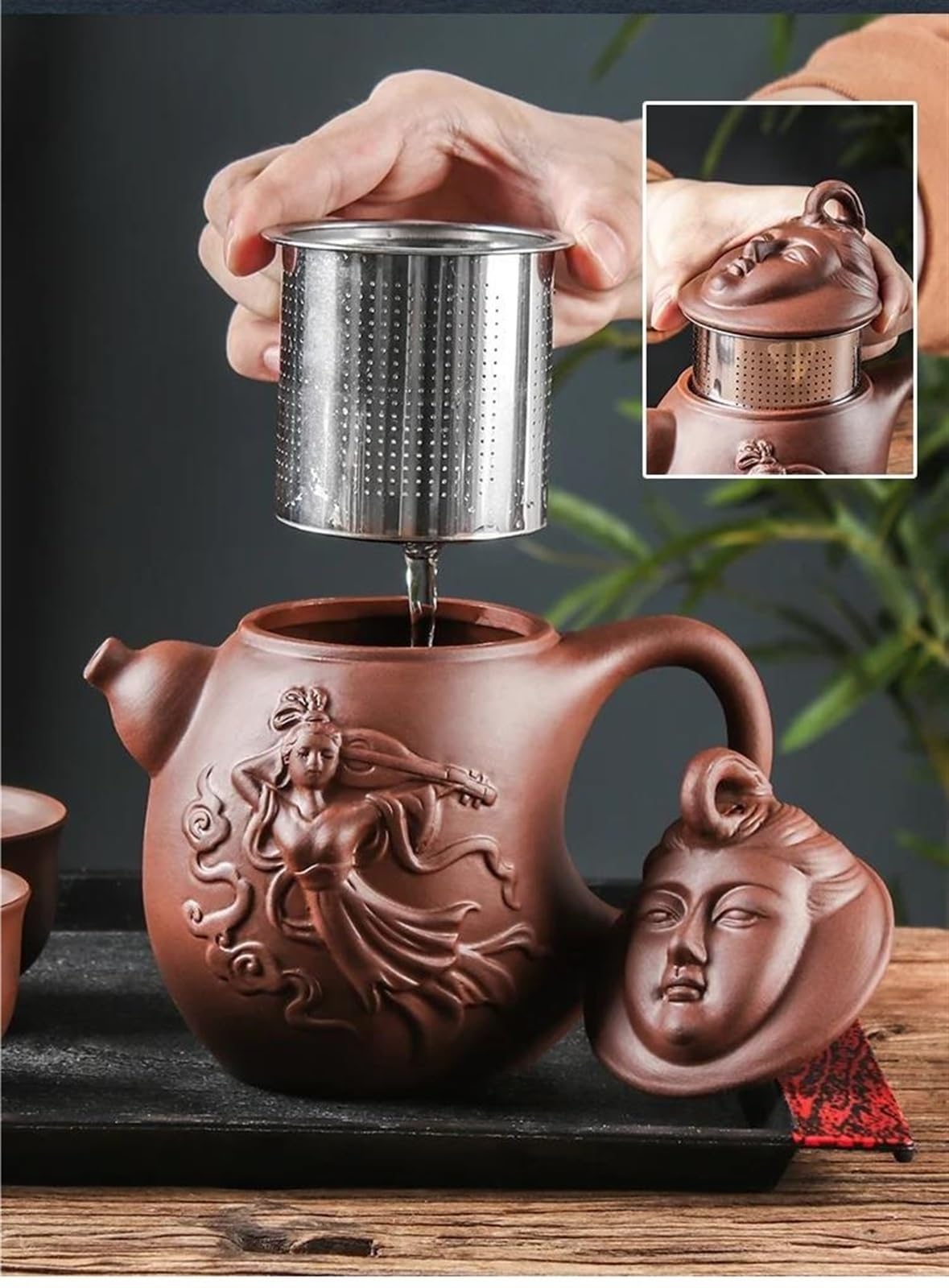 Teiere Servitori Di Caffè Set Da Tè Da Viaggio Set Da Tè Kung Fu Per Uso Domestico 600ml Filtro In Acciaio Inossidabile Incorporato Teiera In Argilla Viola Teiera Feitian Di Grande Capacità Teiere Ser