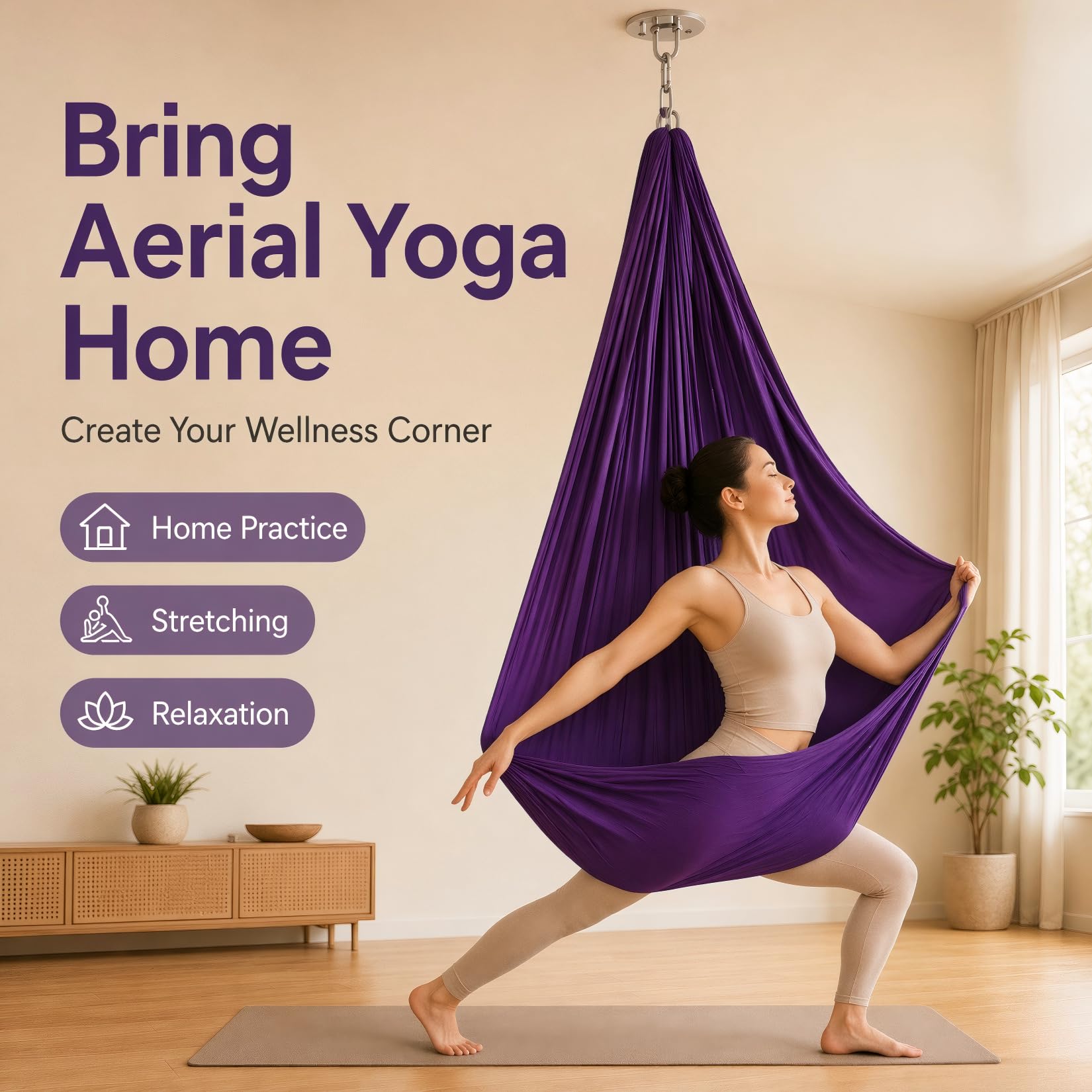 Hamaca de Yoga aérea de 280x150 cm, Columpio Colgante para Yoga con Accesorios, soporta hasta 200 kg, Ideal para Entrenamiento y estiramientos (Morado)