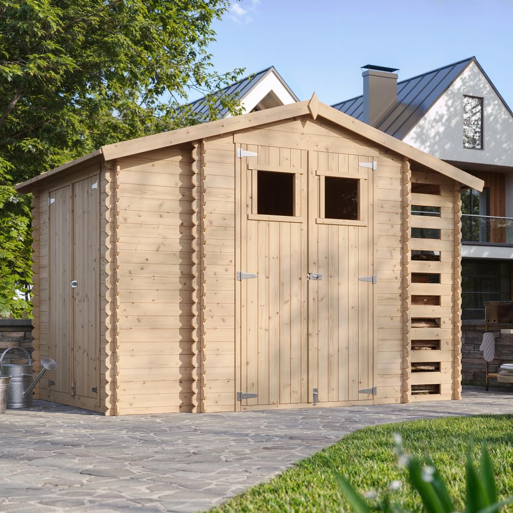 Holzhaus Gartenhaus mit Brennholzschuppen TIMBELA M389 - Gartenschuppen Holz B328xL206xH218 cm/ 3,53 + 0,97 + 0,97 m2 Lagerschuppen für Garten - Fahrrad Schuppen - Wasserfestes Dach