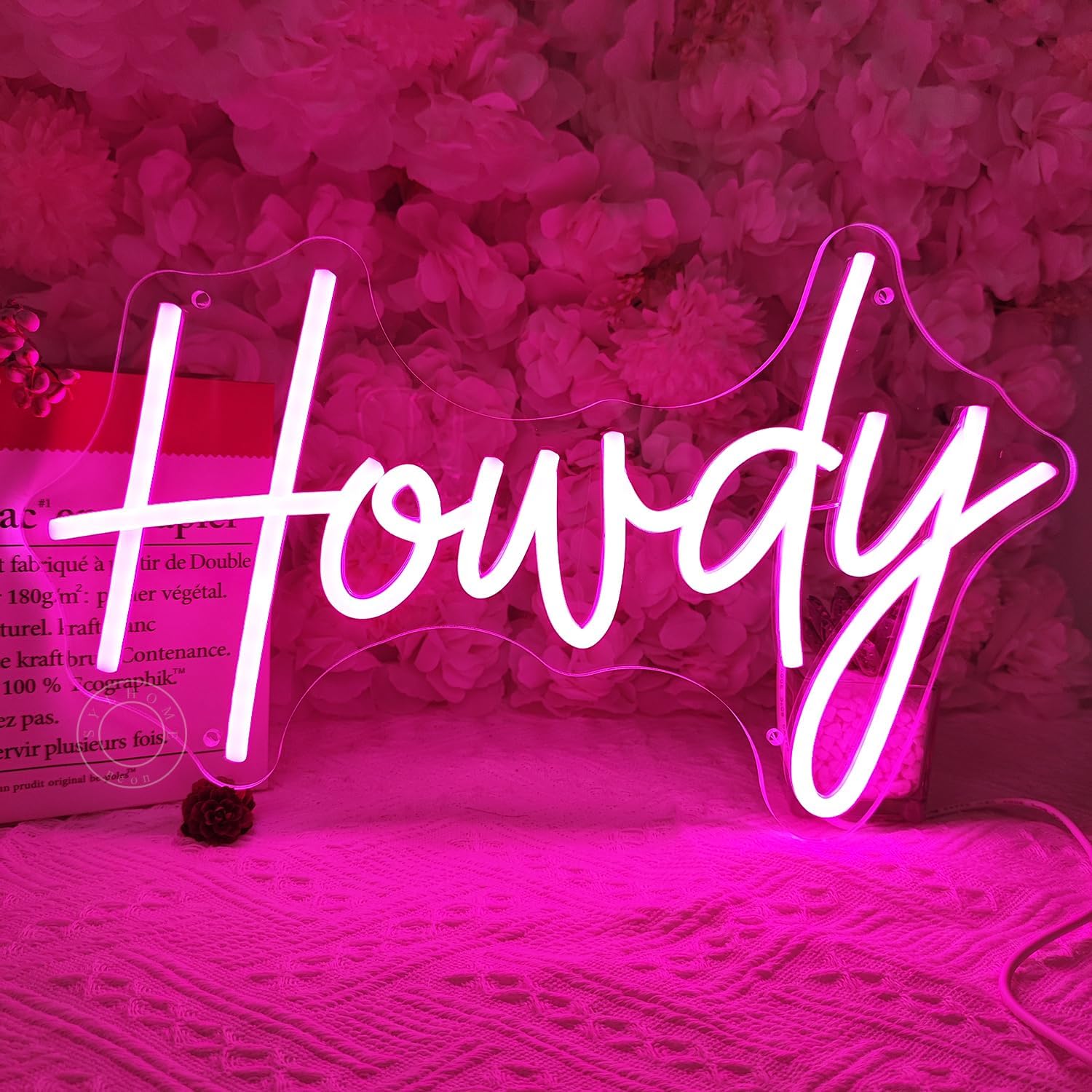 SYLHOME Howdy Led Neon Light Sign Pink Preppy Bedroom Wall Sign Decor Party Birthday Christmas Bar Pub Light Up Signs Girls USB 5V 15.75"X9.65" Dimmer