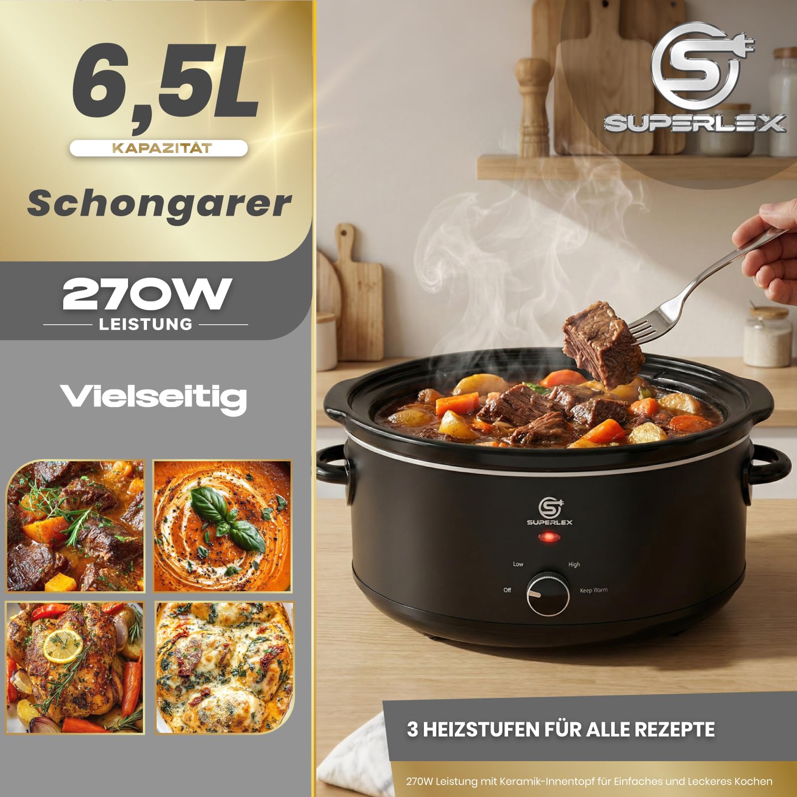 Slow Cooker - Pentola elettrica da 6,5 l, con pentola in ceramica e coperchio in vetro, funzione di mantenimento al caldo, 200 W, per feste di famiglia, zuppe, stufati, piatti di carne