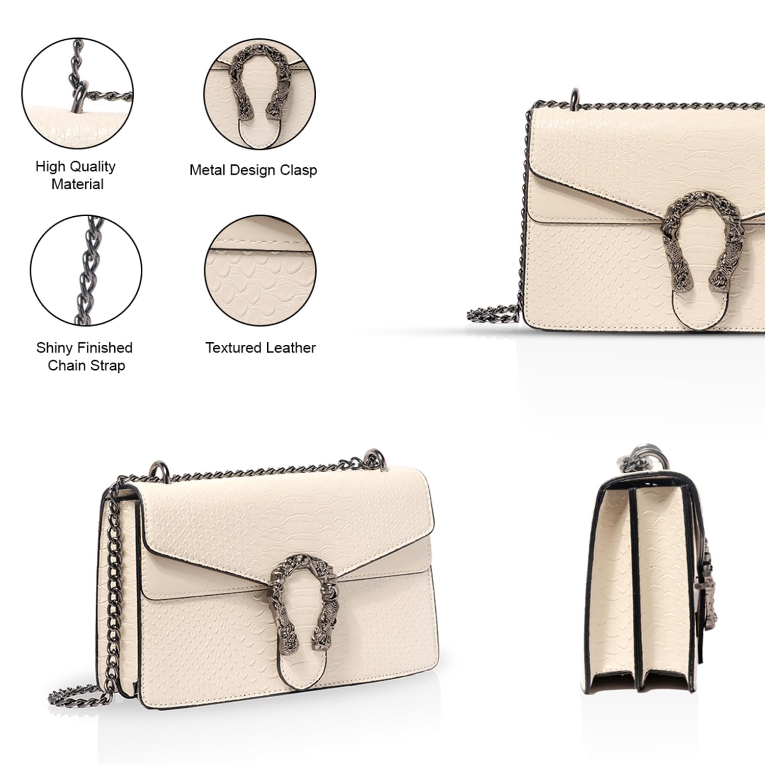 INOVERA (LABEL) Girls Cross-body Shoulder Sling Bag Purse With Adjustable Chain Strap (Off White) 2