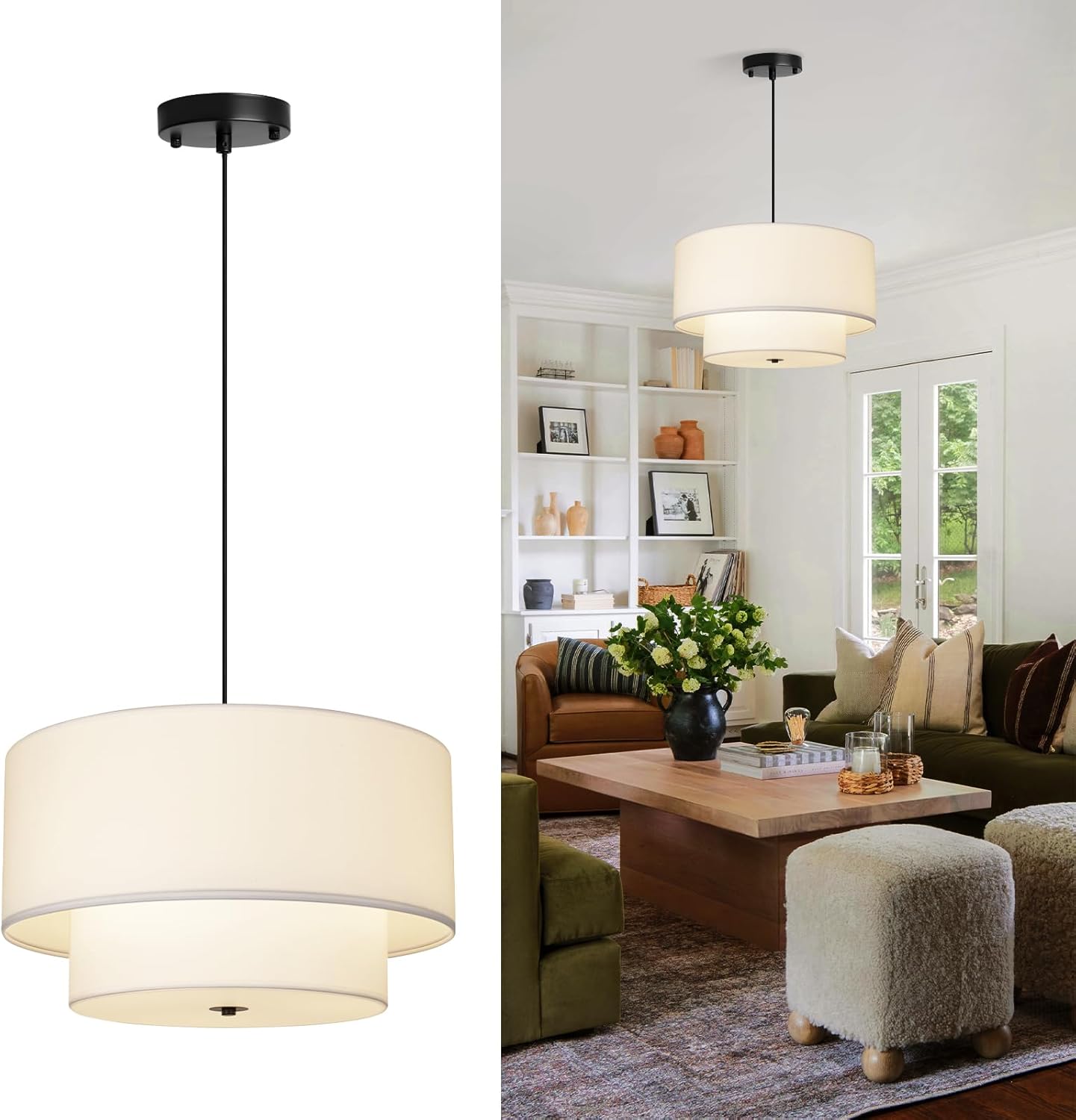 18" Drum Fabric Pendant Light, Large Modern Hanging Ceiling Chandelier Fixture with Dual Layer Fabric Shade, Ideal for Dining Room, Living Room, Bedroom, and Kitchen White 18"