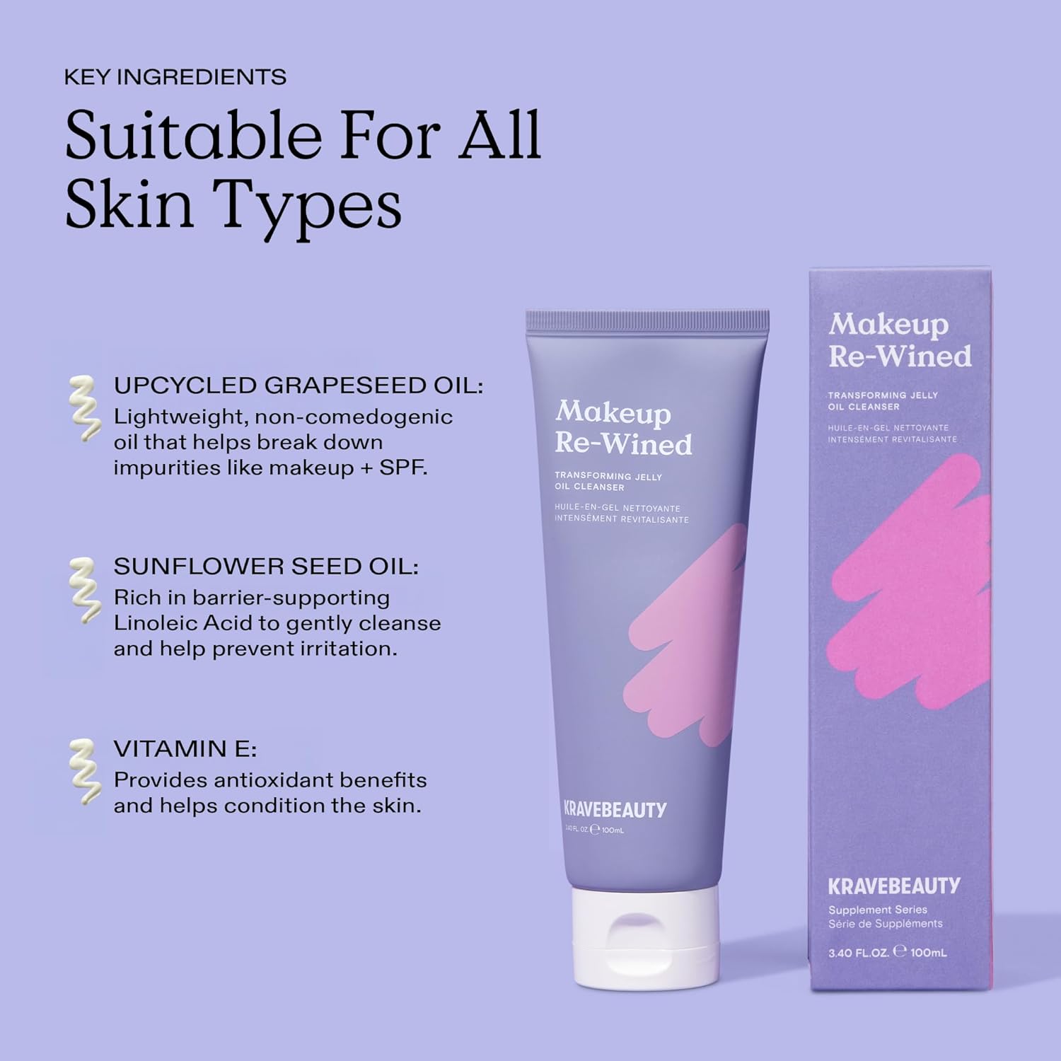 KraveBeauty Makeup Re-wined Cleansing Oil Makeup Remover, Transforming Jelly Oil Cleanser Dissolves Waterproof Makeup & SPF with Sunflower & Grape Seed Oils, Fragrance Free, 100 mL