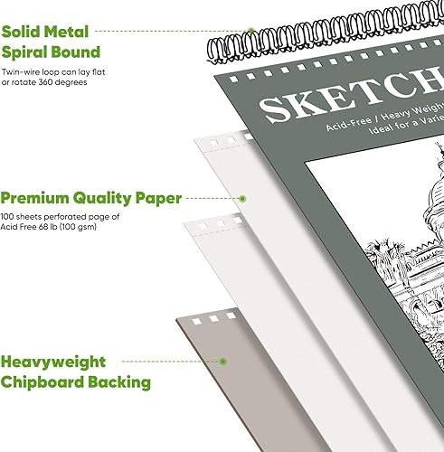 Miniatura 47 de Soucolor - Cuaderno de bocetos de 9 x 12 pulgadas, paquete de 1 de 100 hojas, encuadernado en espiral, libre de ácido (68 libras/100 g/m²), bloc