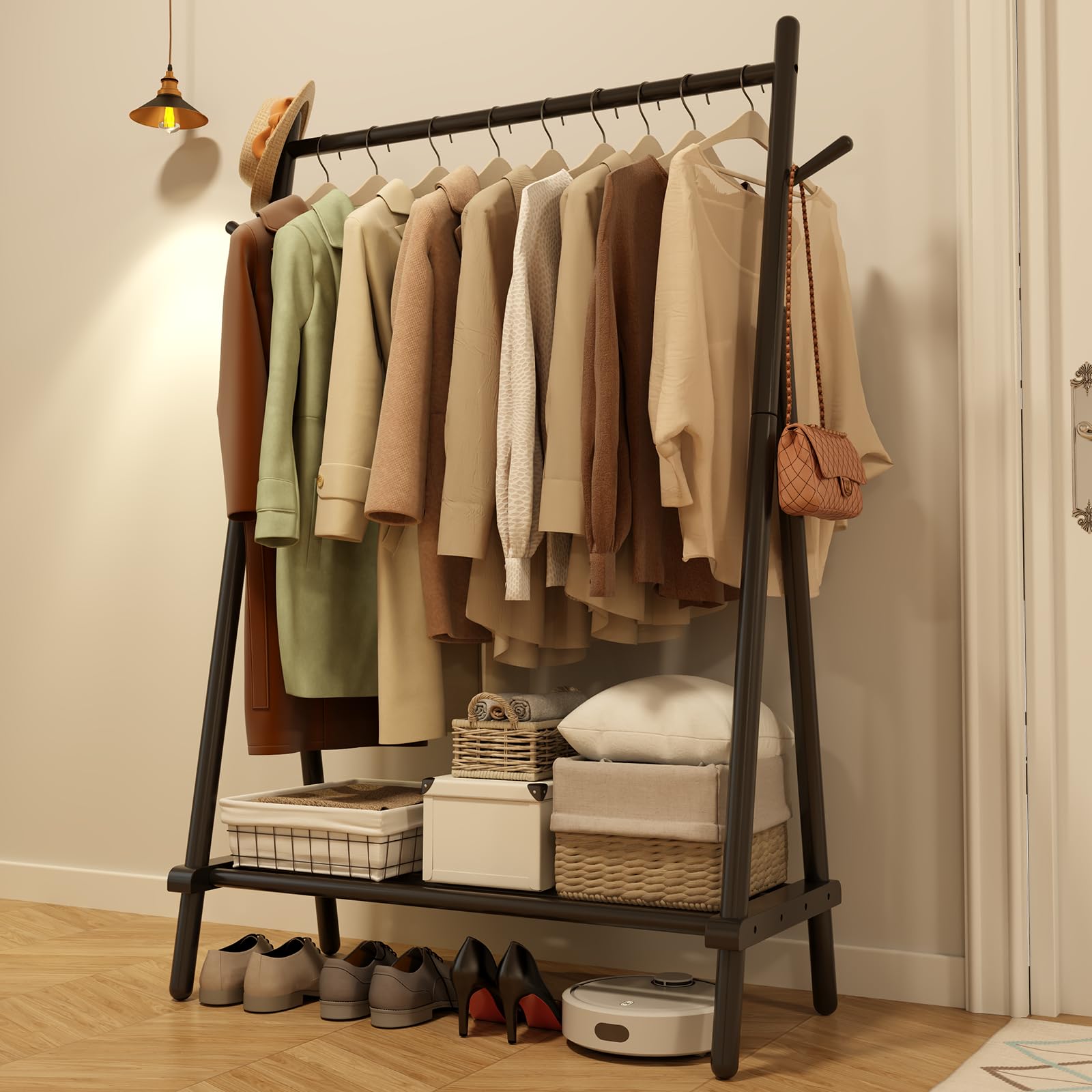 AQIMUELE Clothes Rail, Clothes Rack with Shelf and Hook, Sturdy and Portable, Garment Rack for Hanging Clothes, Coats, Skirts, Shoes, Bags for Bedroom Entryway, Easy to Assemble (Black)