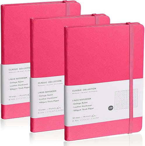 EMOMAS Cuaderno rayado, paquete de 3 (rojo rosa), 160 páginas, tamaño mediano de 5.7 x 8 pulgadas, papel grueso de 3.53 ozm, tapa dura