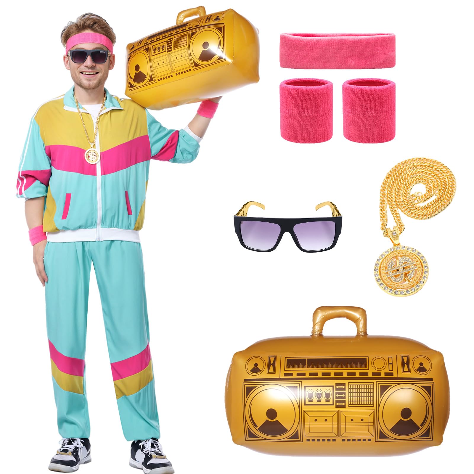 Blisscok 90s 80s Fancy Dress Men Women,80s Shell Suit 8 pcs 80s 90s Costume with Headband Wristbands Glasses Gold Chain Inflatable Radio for 80s Fashion Halloween Carnival Costume (Light Green, S)