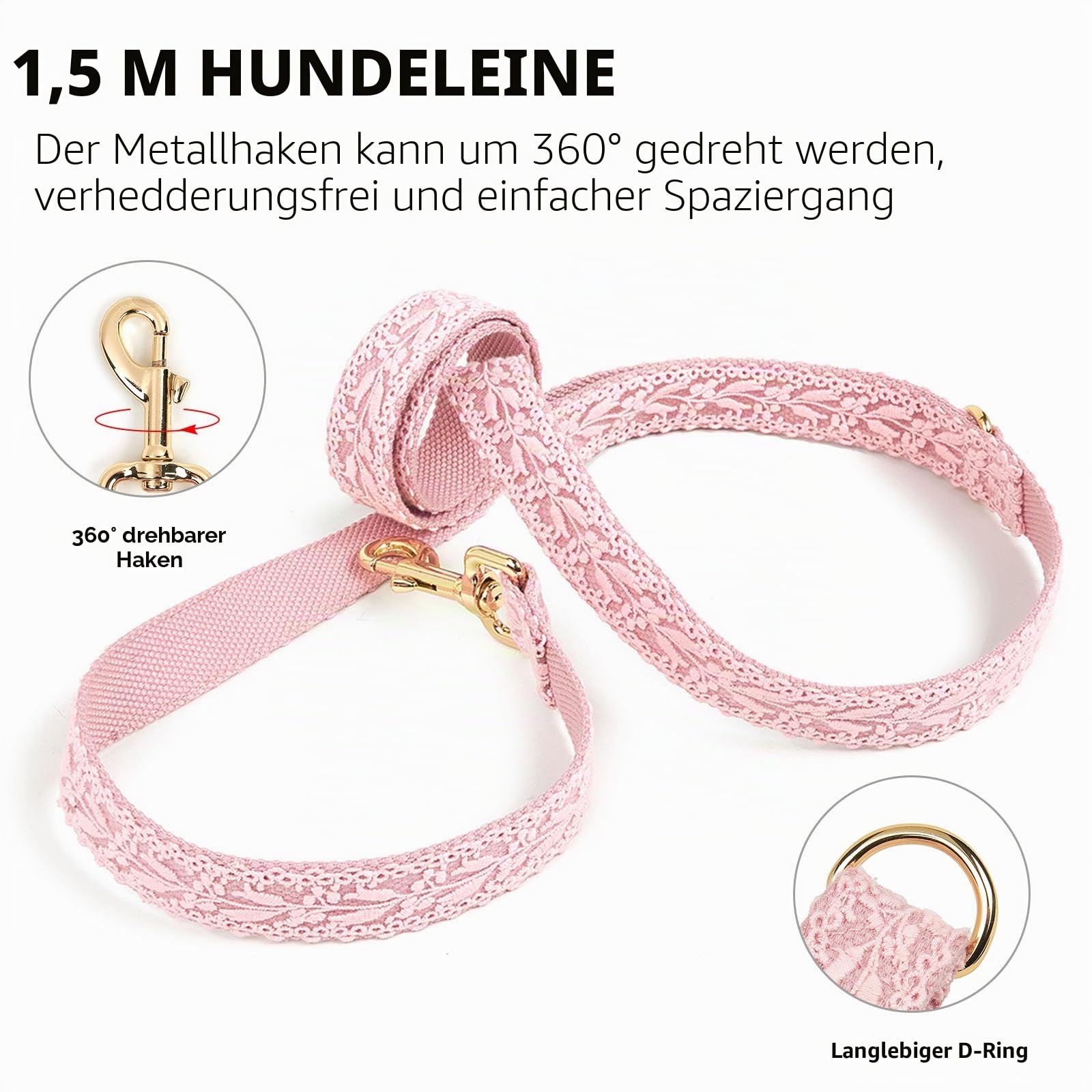 Besticktes Hundegeschirr und Leine Set für mittelgroße Hunde Verstellbare Baumwollspitze Handgemacht 1,2-1,5 m Leine mit Schleifenblume Geschenk für weibliche Hunde M