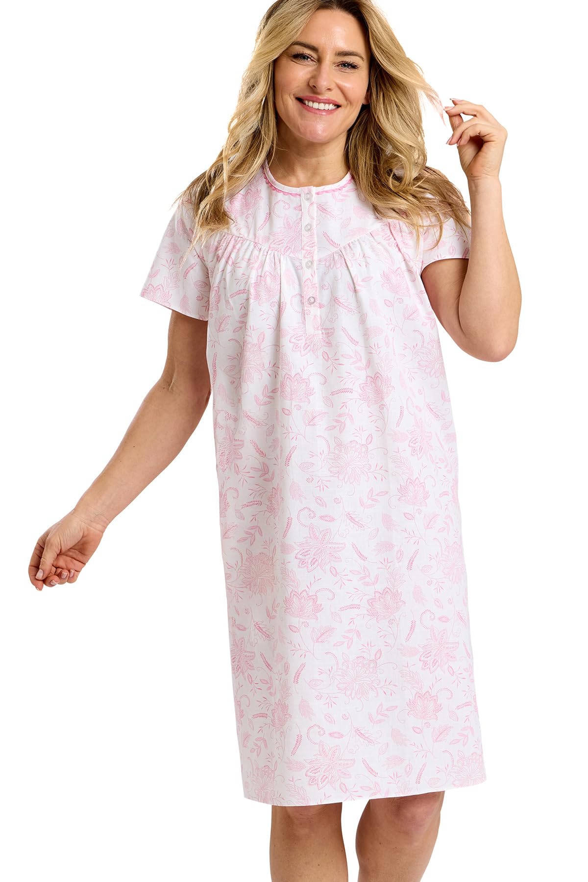 Marlon Women's Demelza 40" Woven Cotton Nightie | Shorter Length Luxury Woven Cotton 40" Nightdress With Button Neckline & Floral Print - Soft & Comfy Gift For Her