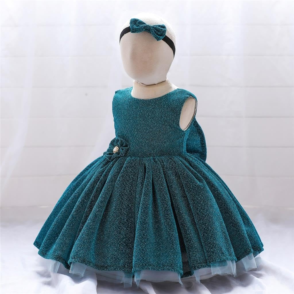Lito Angels Robe Brillante Fille avec Bandeau | Bandeau assorti, Tissu brillant, corsage sans manches, jupe 3 couches, fleur à la taille, grand nœud au dos, Mariage, Noël