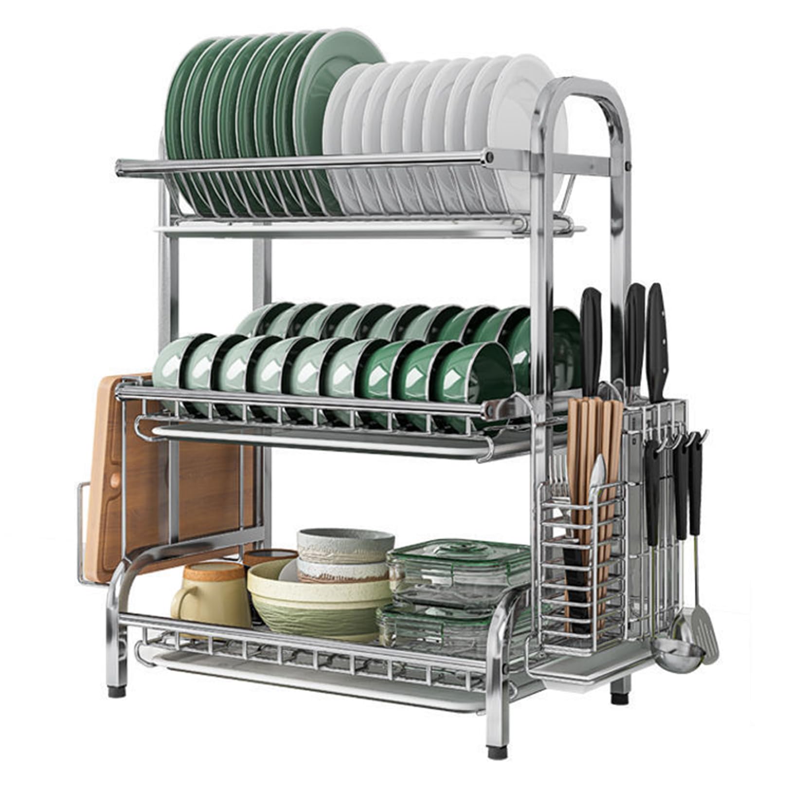 GLJTUO Stainless Steel Dish Drying Rack, 3-Tier Countertop Dish Drainer - Rustproof, Space-Saving, Multipurpose Kitchen niser with Utensil Holder, Large Capacity