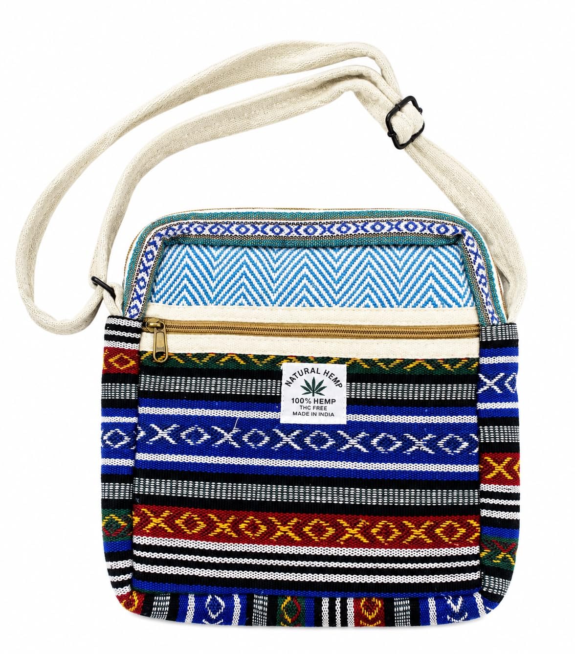 Natural Hemp Crossbody Sling Bag for Women & Men | Handmade Ethnic Boho Shoulder Bag | Adjustable Strap | Zipper Closure | Eco-Friendly Travel Messenger Bag | Blue Multicolor-picture-26