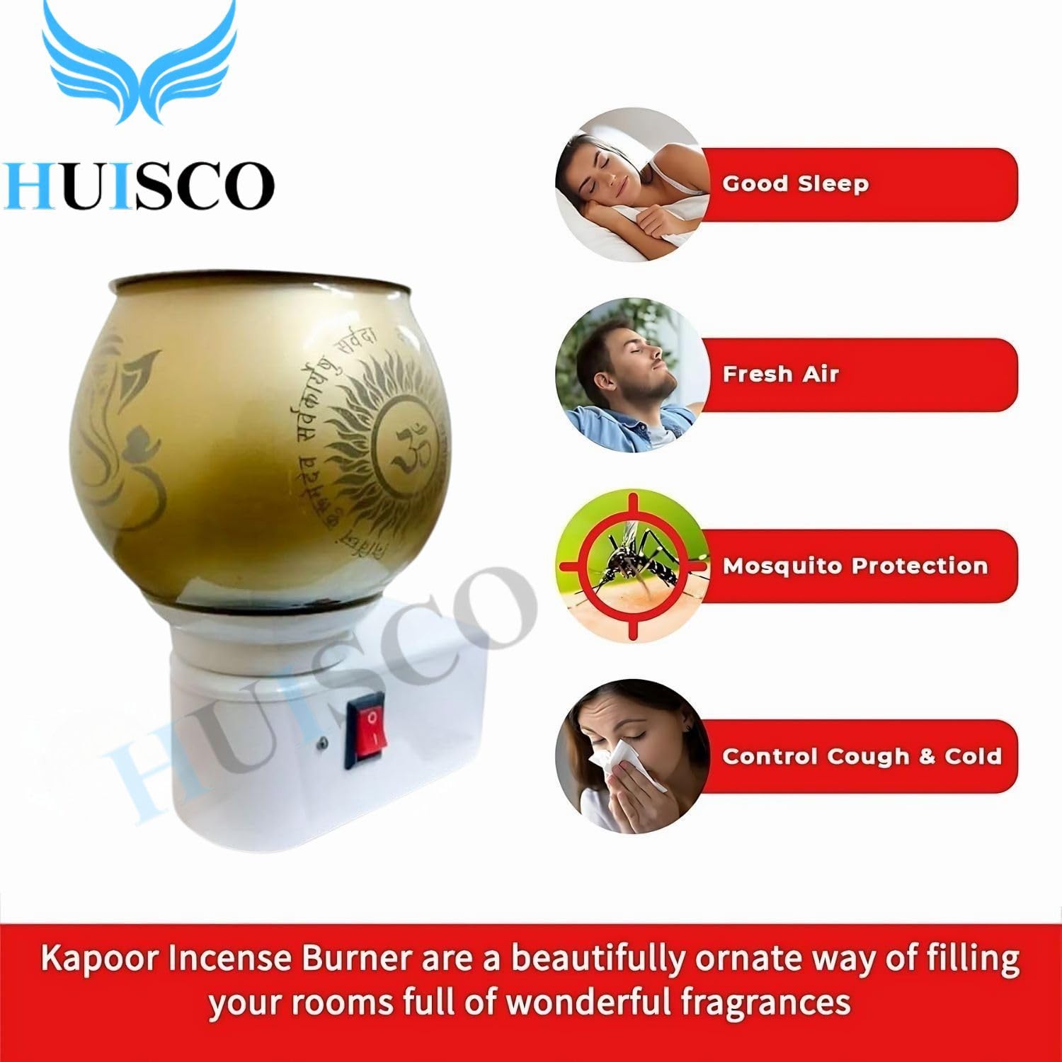 HUISCO Glass Kapoor Dani Electric Camphor Diffuser | Ganesh Ji & Om Design | Multipurpose Incense Aroma & Dhoop Burner | Electrical Night Lamp | Plugin Kapur Dani for Pooja Room Home Office and Temple 1