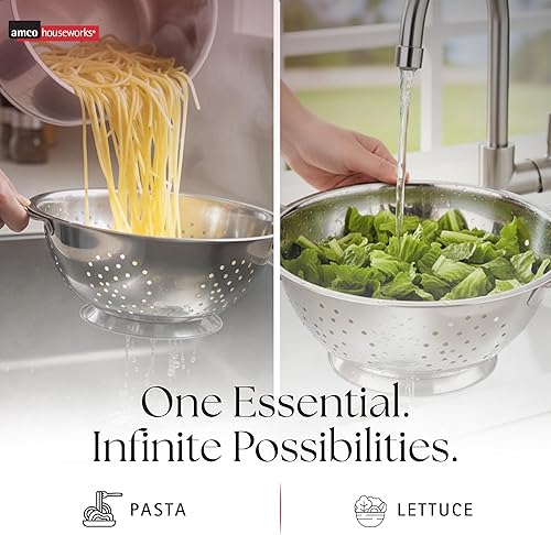 Miniatura 3 de Amco Juego de 3 coladores de acero inoxidable, varios tamaños, 1.5, 3, 5 cuartos de galón, duradero, diseño de grado profesional con asas para una