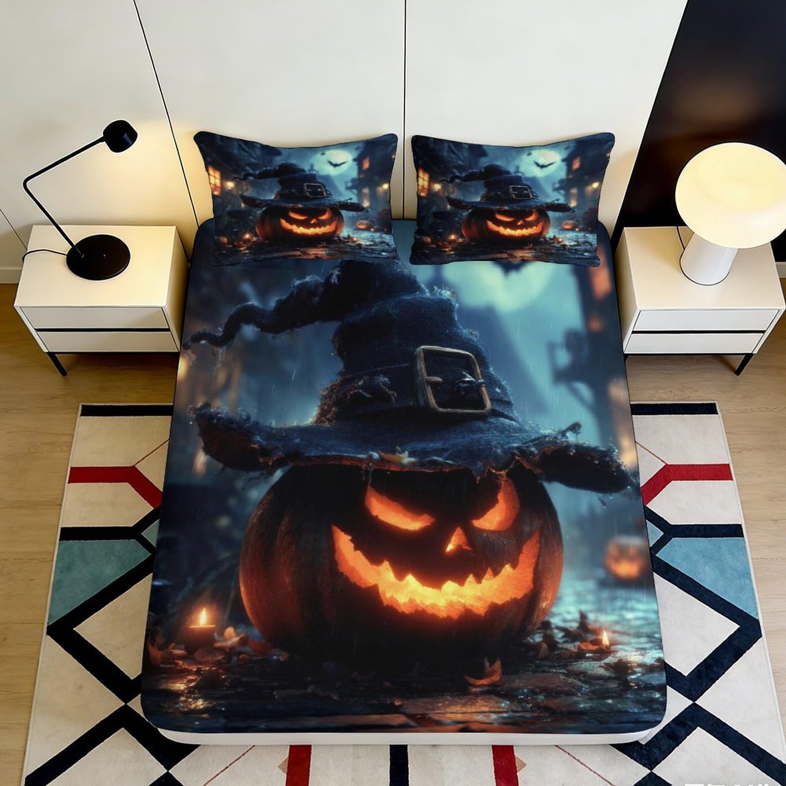 3D Printed Halloween Pumpkin Fitted Sheet Microfiber Soft Breathable Witch Hat Bed Cover for Bedroom Dormitory Guest Room Mattress Protection Decor 140x200x25cm