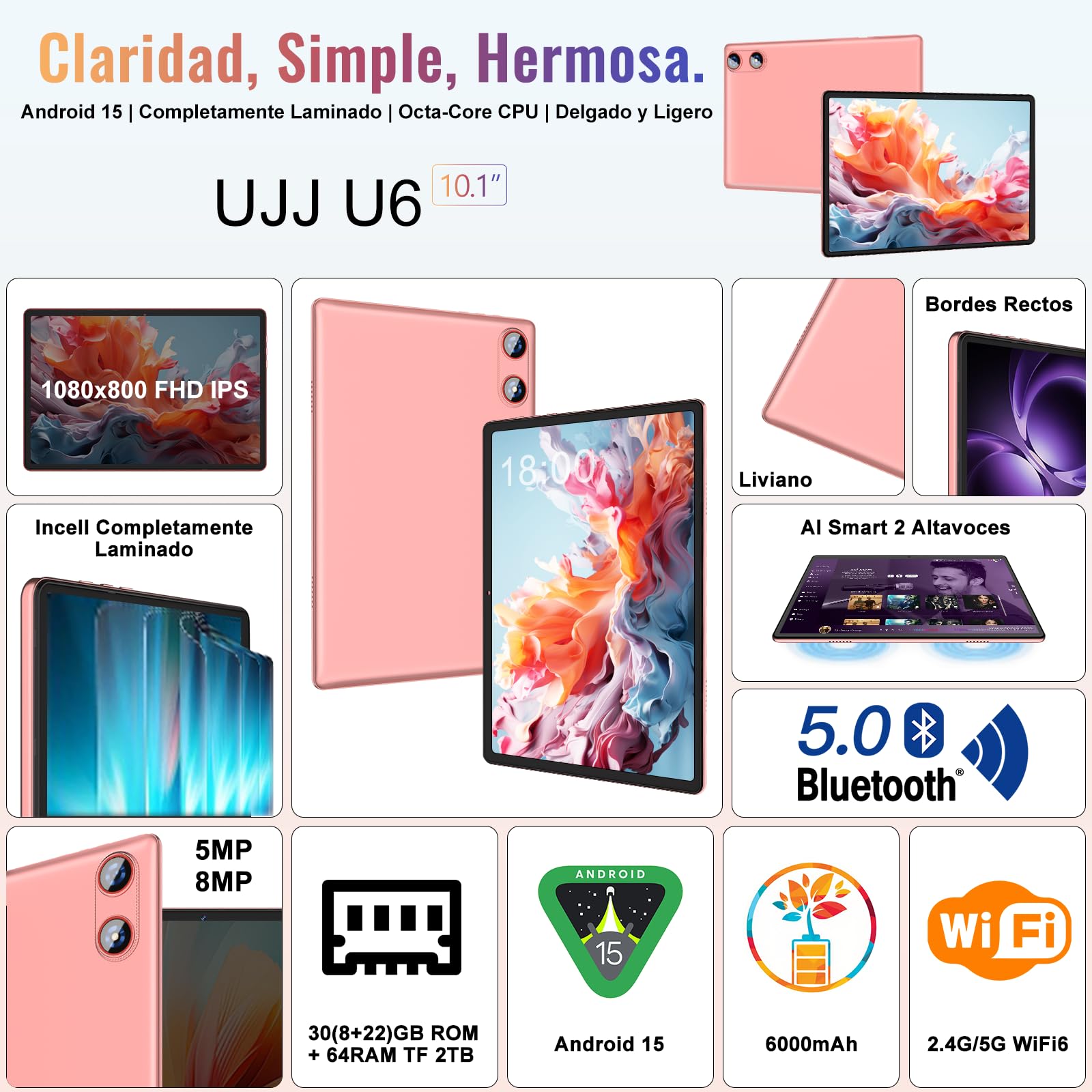 Tablet UJJ Android 15 de 10 pulgadas en color Rose, mostrando la pantalla y parte del teclado y ratón incluidos.