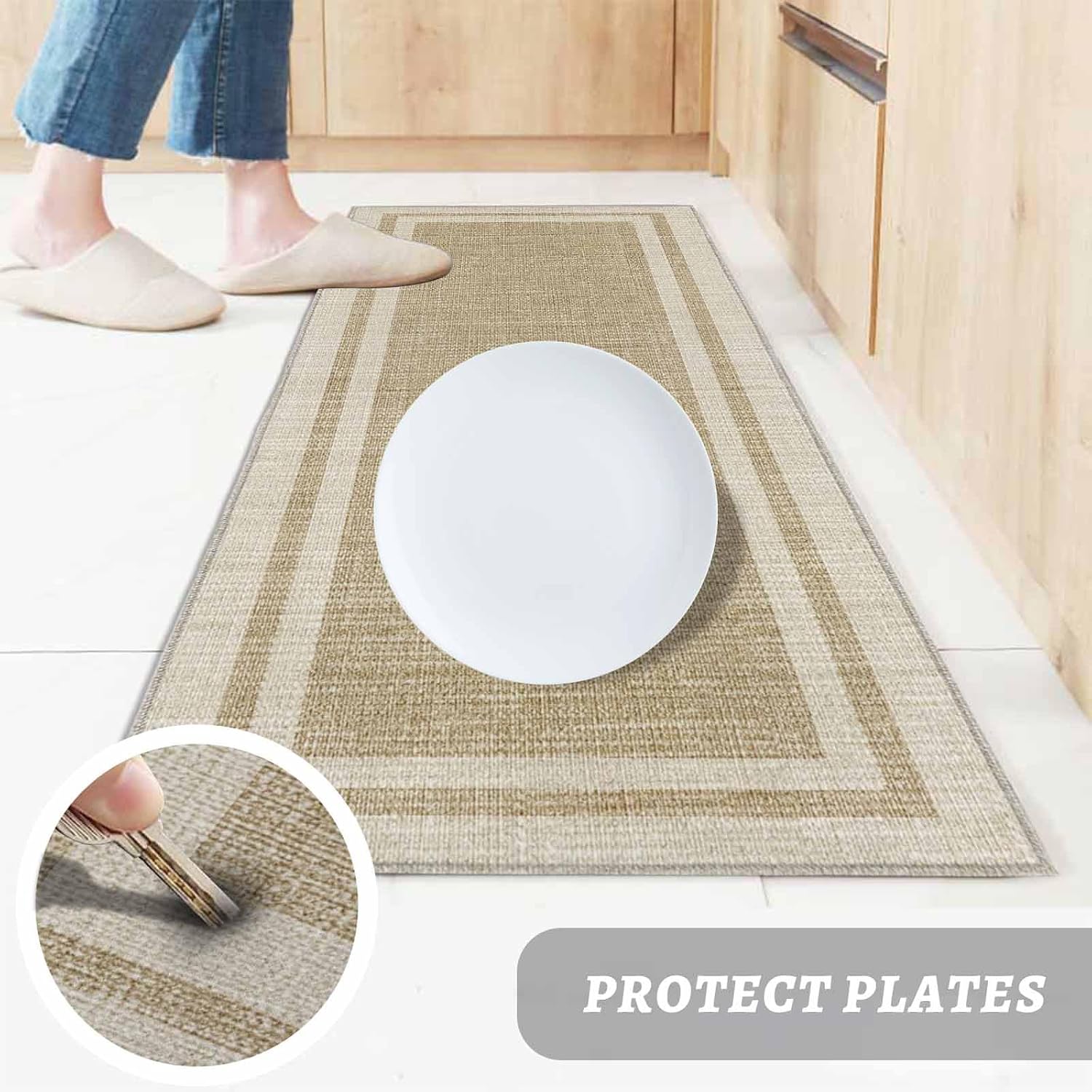Kitchen Mats for Floor Farmhouse Vintage Linen Washable Non Slip Kitchen Rugs 1PCS, Country Beige Linen Texture Absorbent Standing Mats for Sink Bathroom Office Living Room 15.7x47.2in