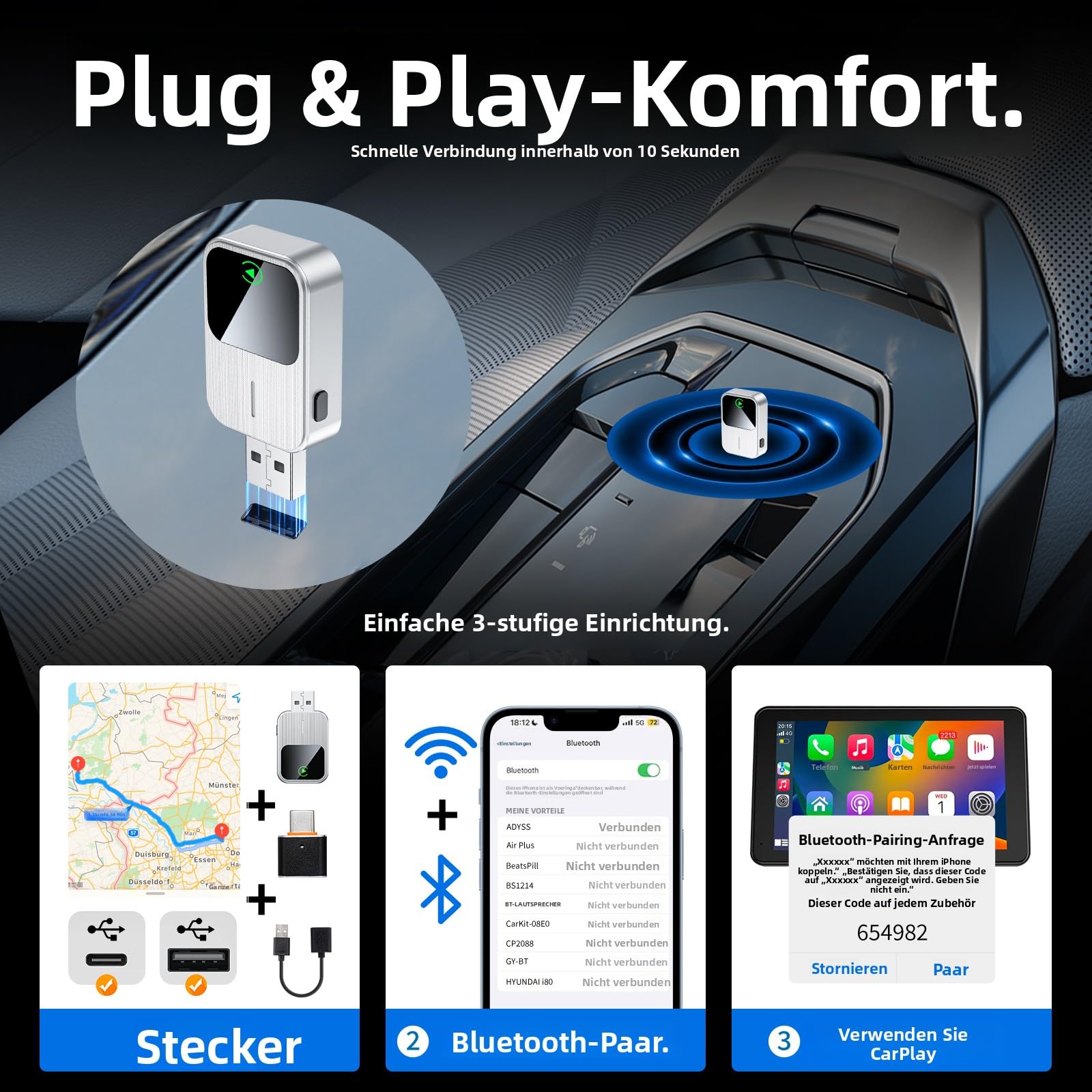 Wireless CarPlay Adapter für iPhone,Plug & Play, schnelle & stabile Verbindung, kompatibel mit Autos ab 2016, mit Reset-Taste (nur iOS)