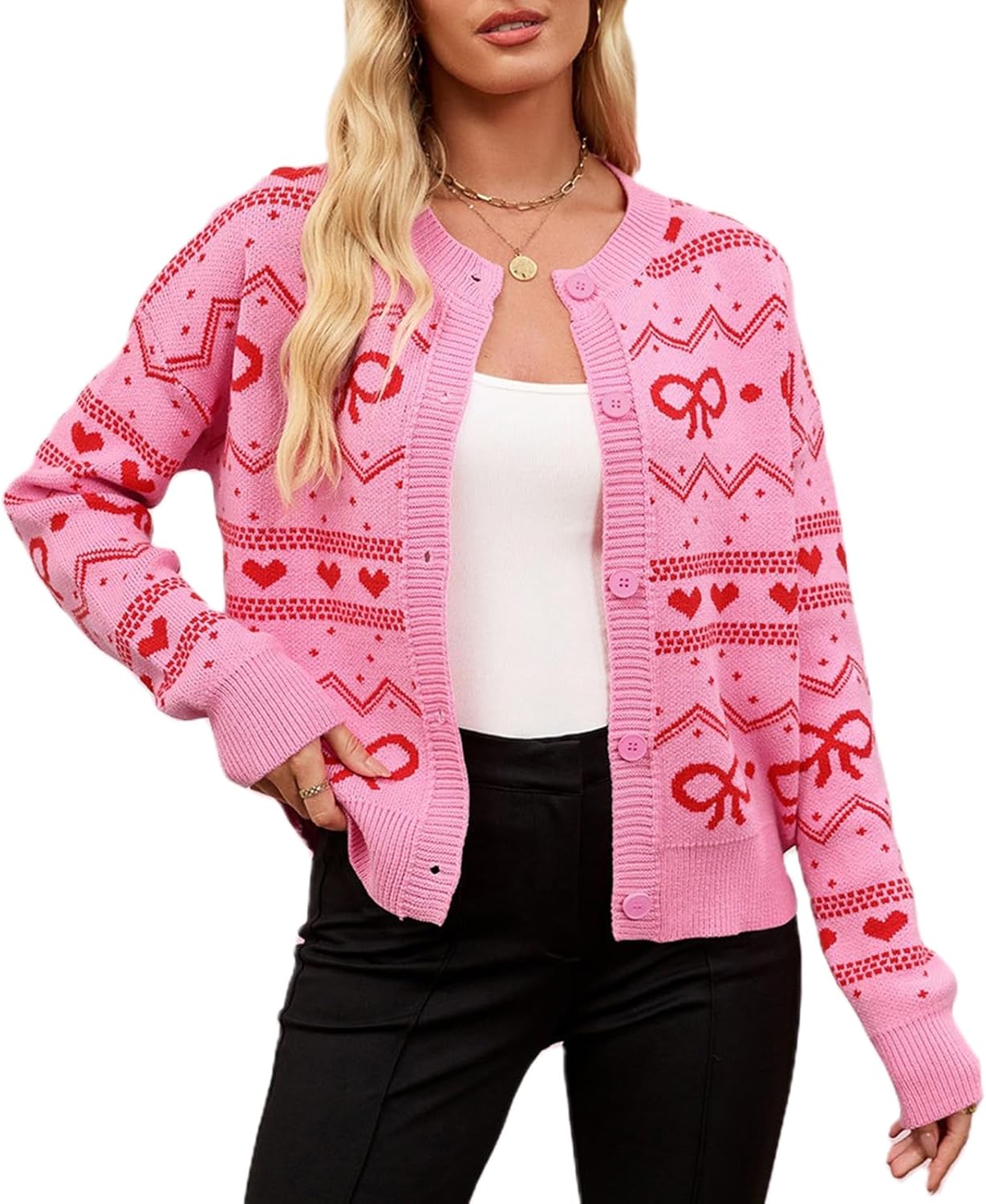 Meiweileya Womens Oversized Cardigan Sweaters Bow Printed Button Down Y2k V Neck Valentines Loose Long Sleeve Knit Coat