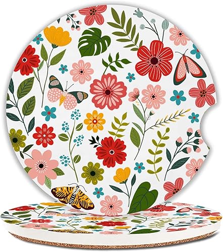 Miniatura 9 de Juego de 2 posavasos de mariposa para automóvil, portavasos de cerámica absorbente de 2.63 pulgadas, base de corcho antideslizante, con muesca de