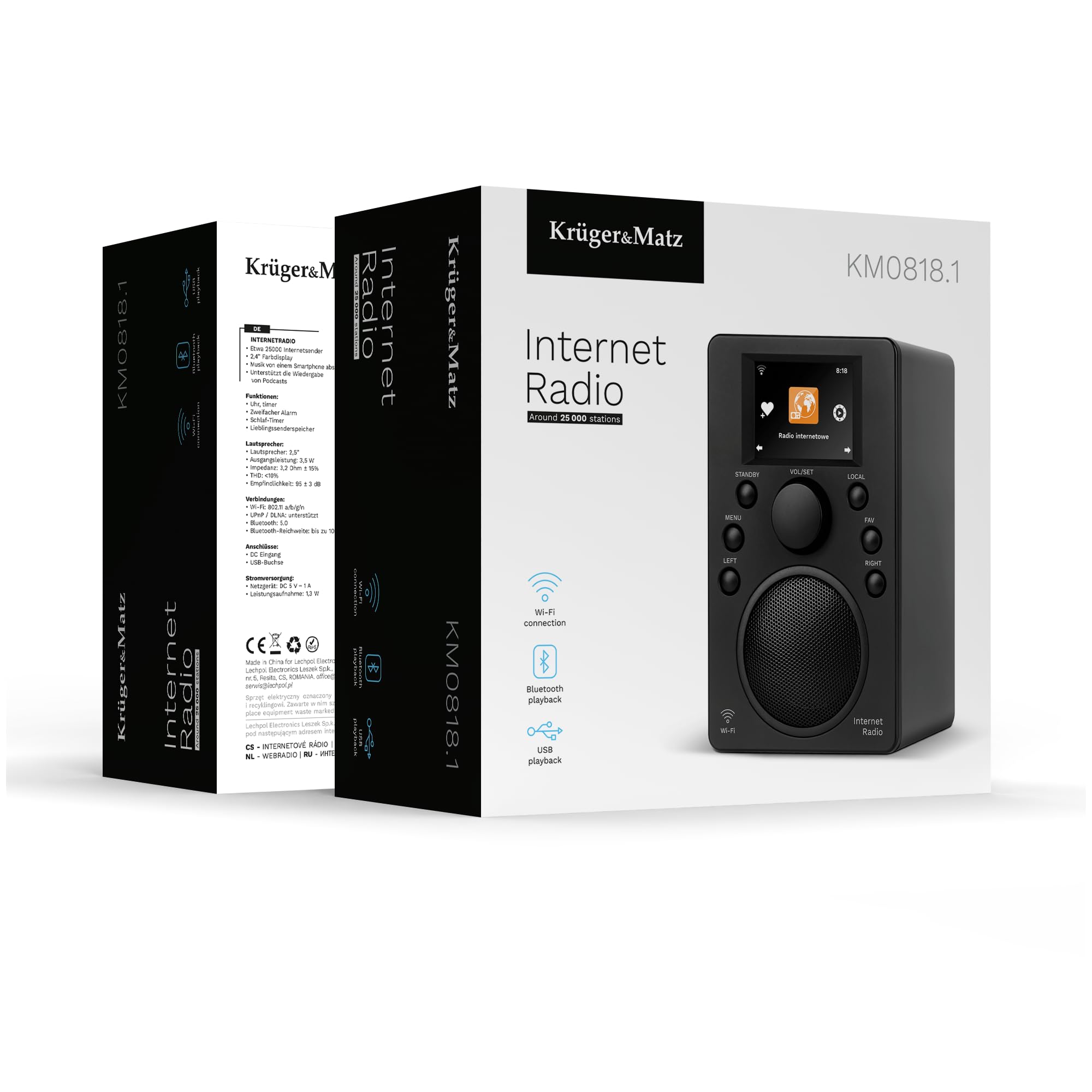 Krüger&Matz Radio Internetowe Bluetooth 5.0 Wyświetlacz 2,4" Wi-Fi Budzik KM0818.1