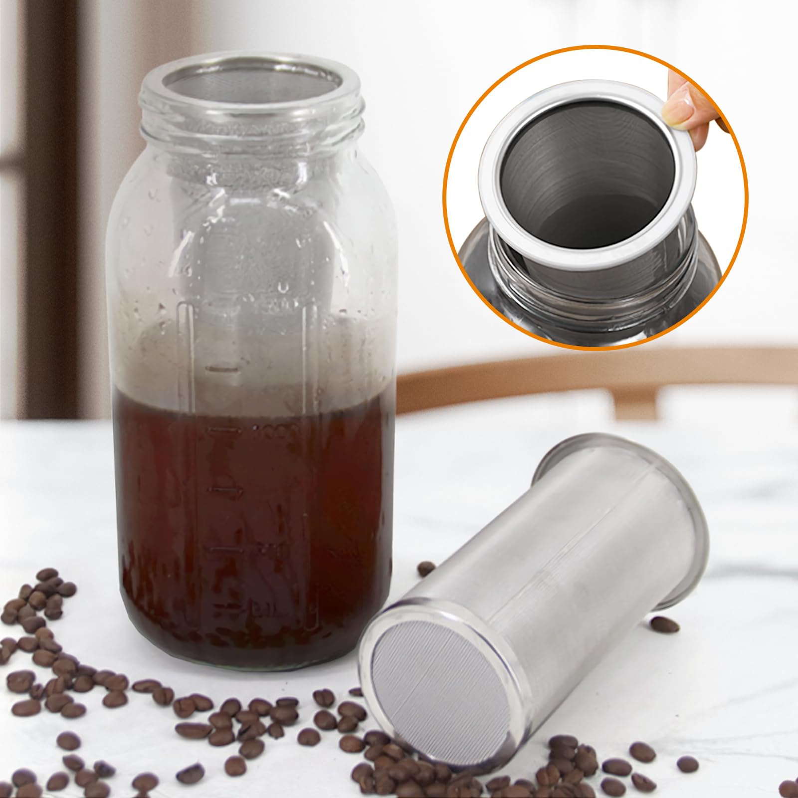 Filtre à café à froid pour pot Mason large goulot, passoire acier inoxydable 304, cafetière glacée 950 ml