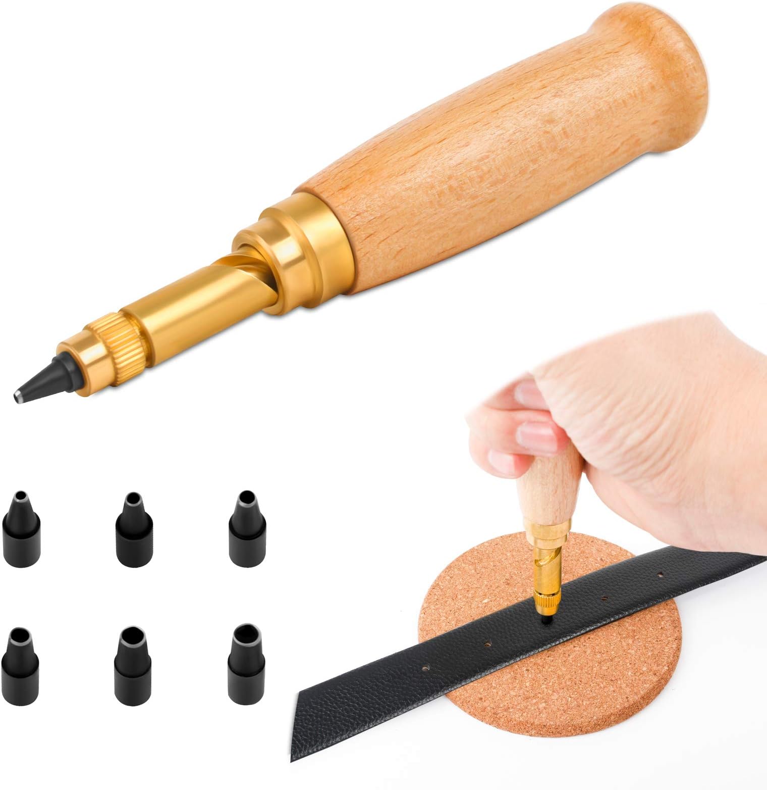 Japanese Screw Hole Punch,Adjustable Leather Screw Hole Punch Tool with Wood Handle,6 Tips Sizes: 1.5mm, 2mm, 2.5mm, 3mm, 3.5mm, 4mm for Sewing Auto Leather Paper Bookbinding Tool