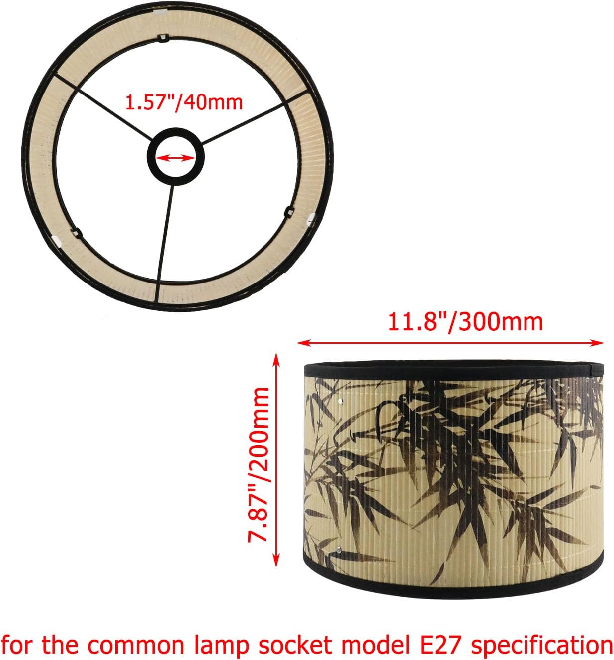 Crapyt E27 Round Removable Lamp Shades, 11.8" × 11.8" × 7.87" Wood Lampshade with Plant and Bird Print, Ink-wash Painting Pattern for Table/Floor/Ceiling/Wall Lamp，Pattern 4