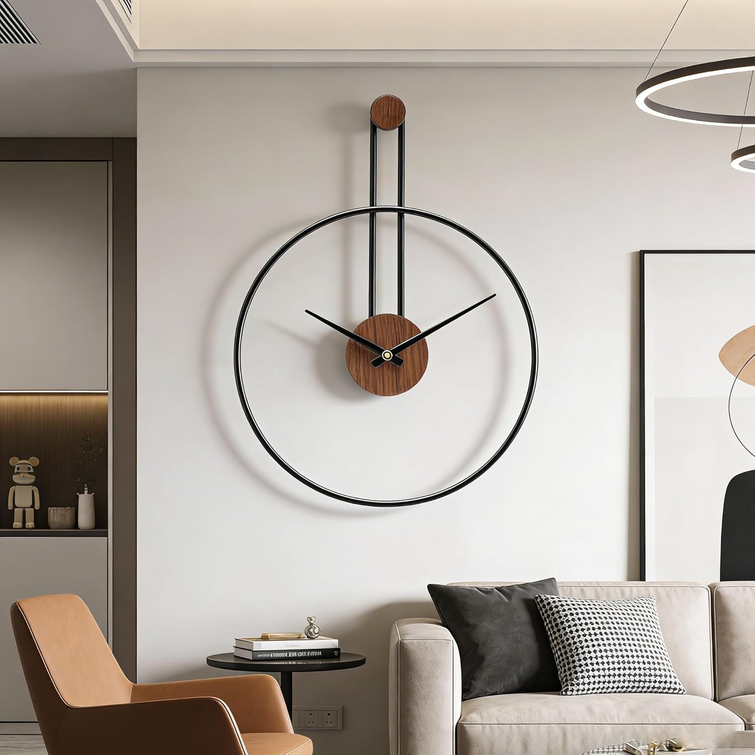 Modern Minimalist Wall Clock, Black Metal Ring and Wooden Face, Natural Style Silent Non-Ticking for Living Room, Bedroom, Office Decor, 21.6"x28.7"