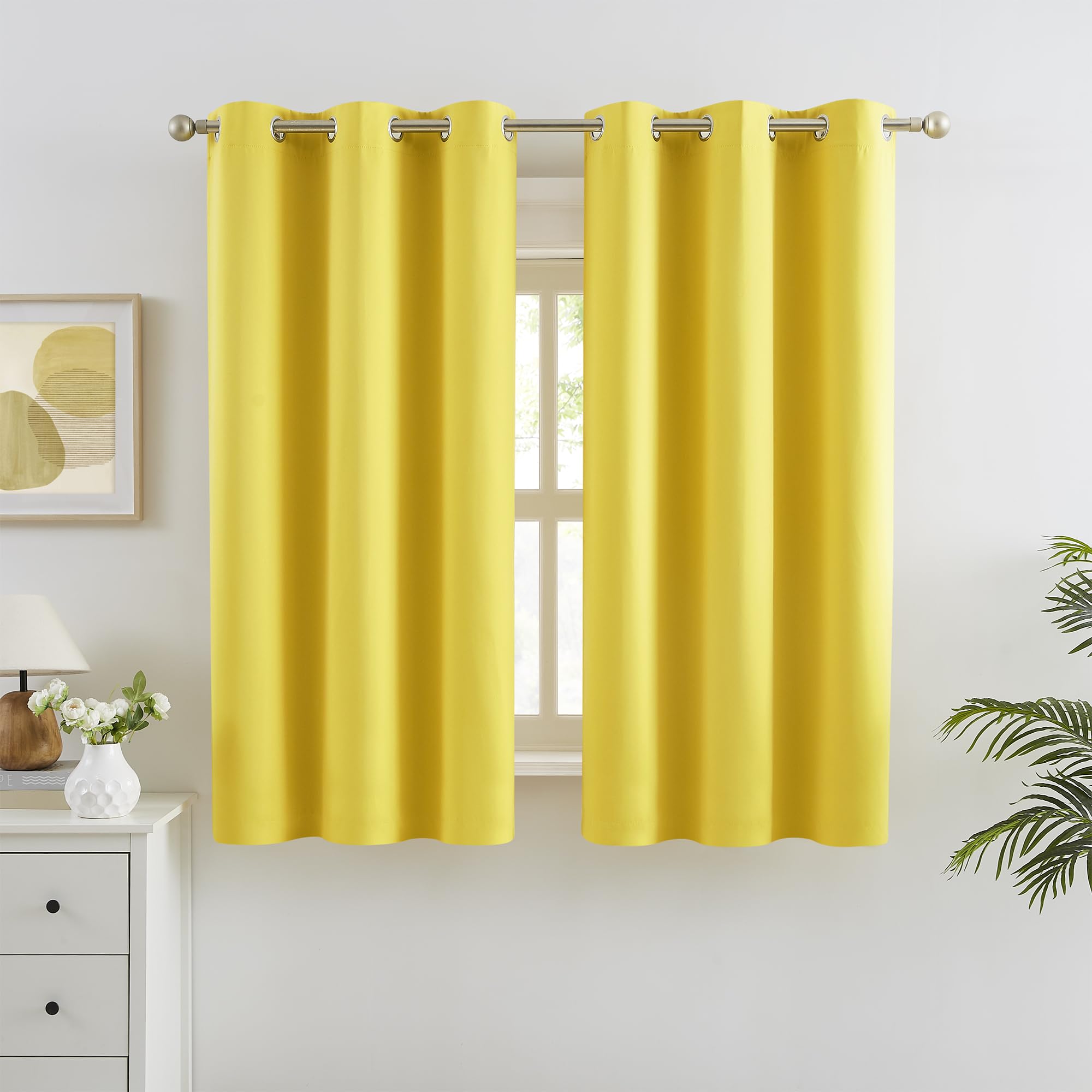 DUALIFE Blackout Curtains - Room Darkening Grommet Drapes Bright Yellow Color, Small Window Curtains for Kids Room, 2 Panels Sets (38 x 45 Inches Long)