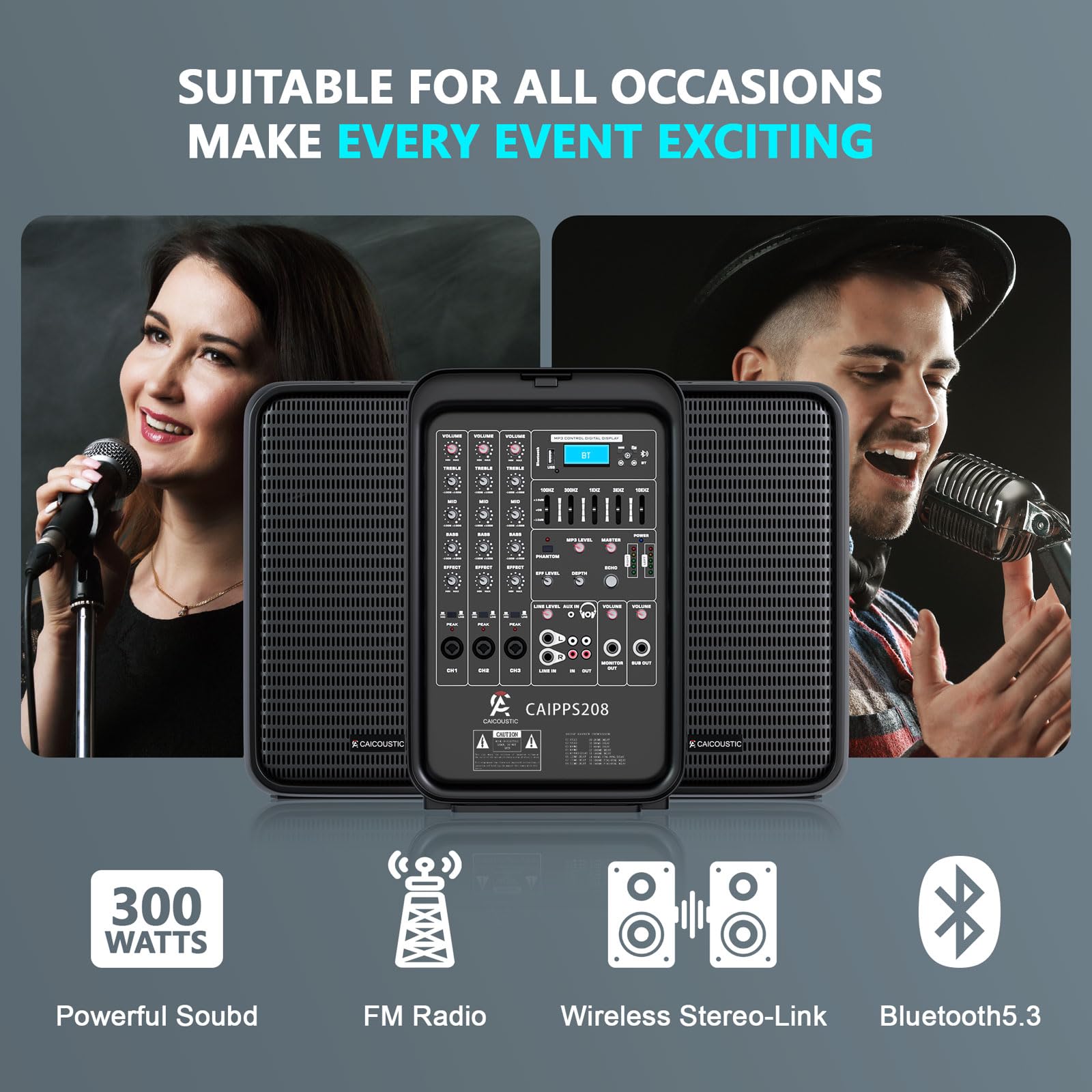 All-in-One 2-drożny system głośników PA zestaw mikserów DJ, 300 W 8-kanałowy mikser Bluetooth, zestaw wzmacniaczy z 8-calowym subwooferem i 2.5 cm głośnikiem wysokotonowym, USB, 2 stojakami