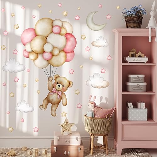 Miniatura 3 de Calcomanías de pared de animales de dibujos animados de oso, calcomanías de pared de animales globo de aire, estrellas, luna, nube, calcomanías de