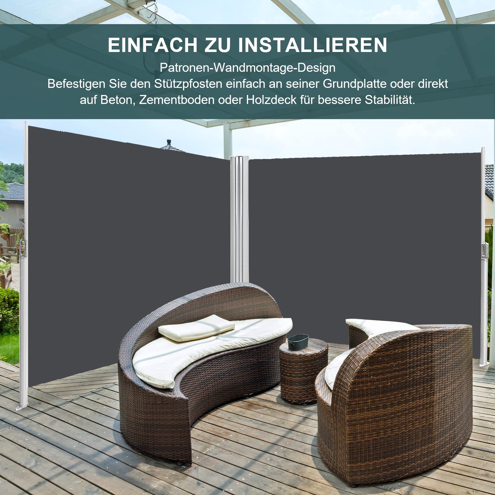Markiza boczna z uchwytem do podłoża, wysuwana, ochrona przed słońcem, szara, 160 x 600 cm, ochrona przed wzrokiem na balkon, do ogrodu, na taras
