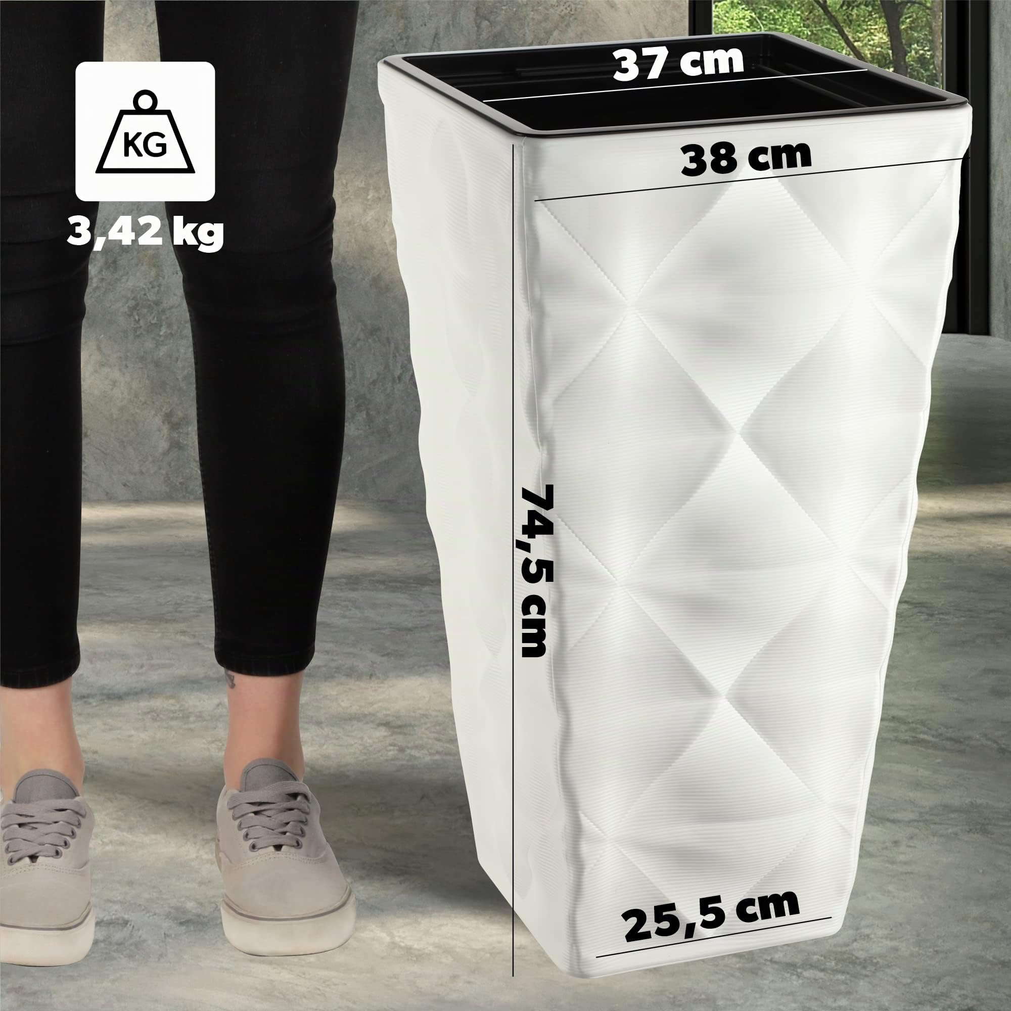 KADAX - Vaso alto in plastica con effetto 3D, grande vaso per fiori per uso interno ed esterno, vaso quadrato con inserto (bianco, 74,5 cm)