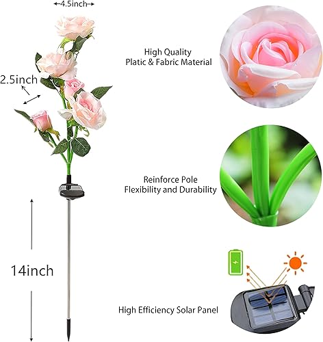 Miniatura 5 de Luces solares de flores para decoración de jardín al aire libre, impermeables, 2 paquetes de 10 rosas rosadas, luces solares decorativas para patio,