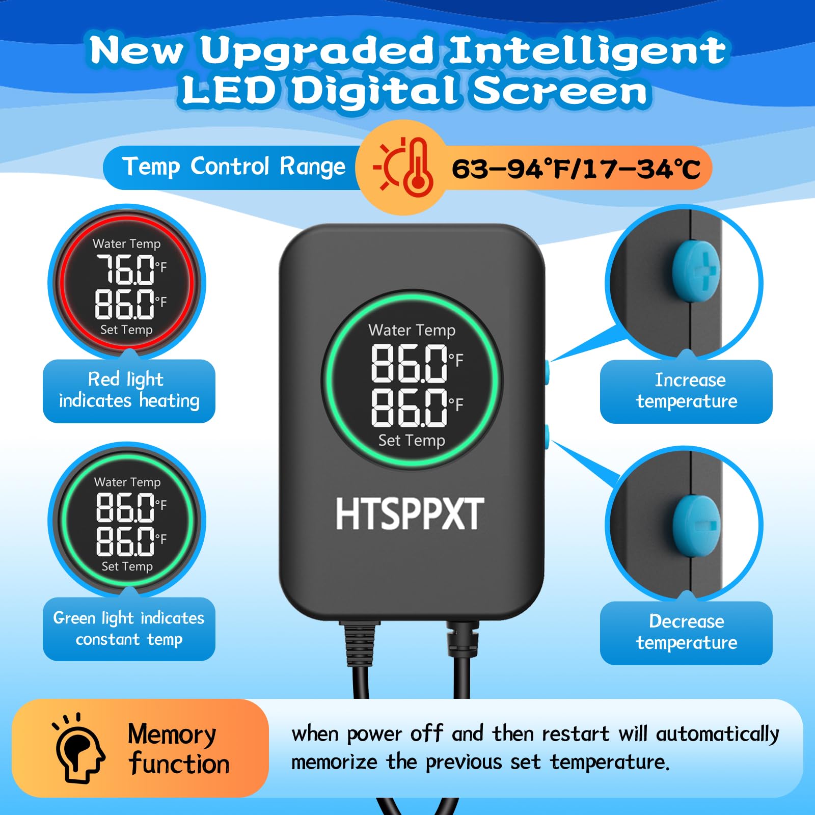 Riscaldatore per acquario, 100 W/200 W/300 W/500 W, riscaldatore regolabile per acquari, con controller digitale intelligente a LED, protezione contro surriscaldamento e fuori dall'acqua per