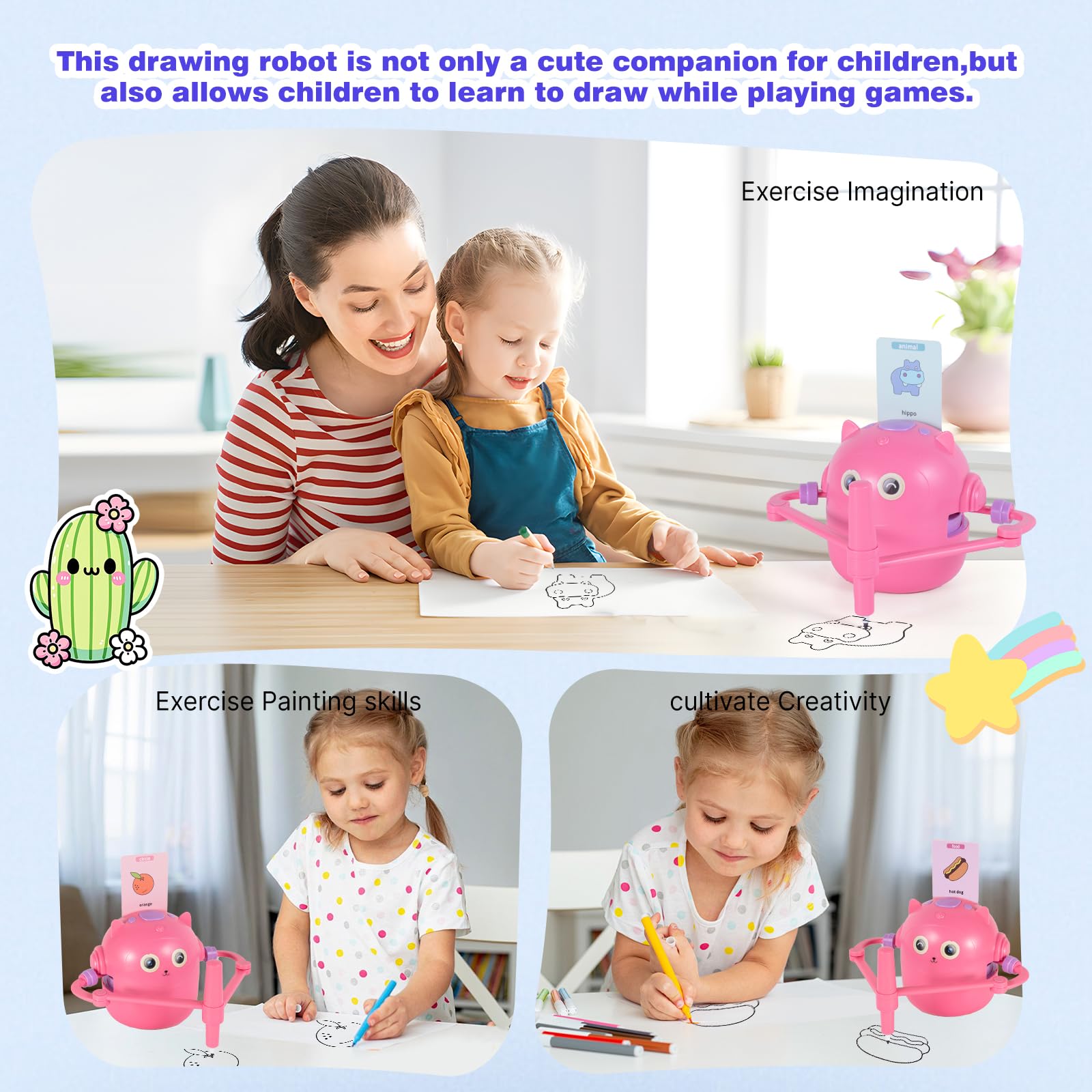 Drawing Robot, Robot da Disegno per Bambini con 100 Carte, Robots da Disegno Che Dipinge, idraw robots Magico Interattivo per Bambini&Bambine (Rosa)