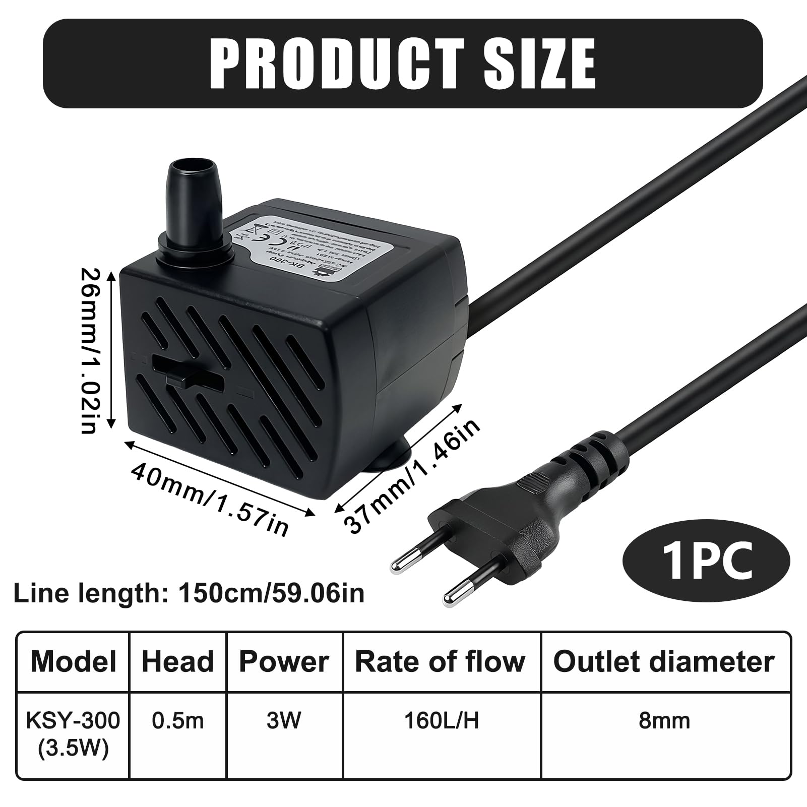 Pompe à Eau Submersible 3.5W, Mini Pompe Aquarium Ultra-Silencieuse 200L/H avec Câble de 1,5M, Pompe Fontaine à Eau Chat pour Bassin, Statuaire, Cascade et Hydroponie