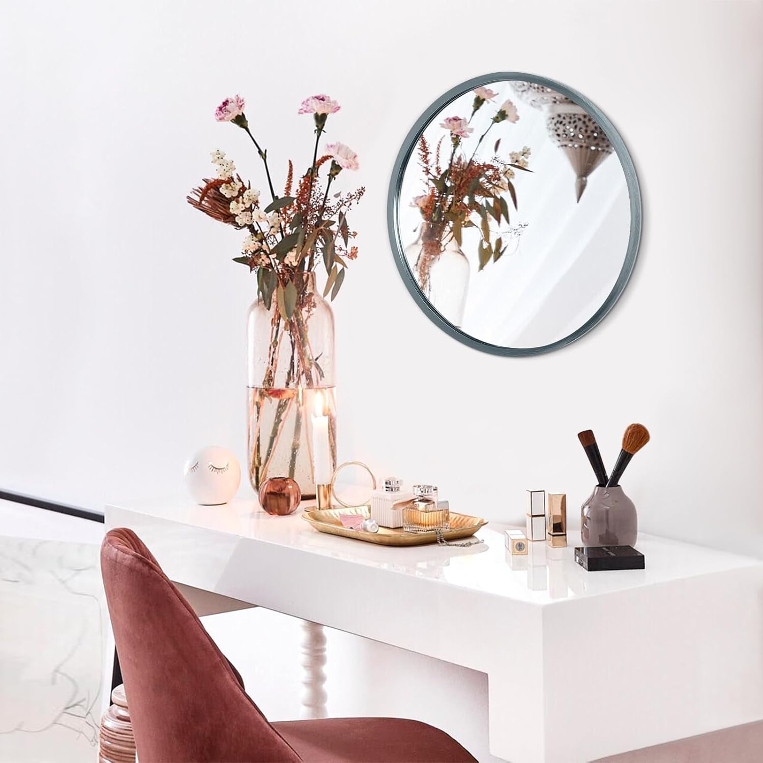 AOAOPQ Mirror for Wall Small Round Mirrors for Bathroom Entryway Living Room Hallway Bedroom Sapphire Turquoise Matte Frame Anti-Rust Hangs Horizontal