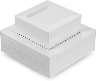 60 White Plastic Plates Set, 30 Pc 10.25 Inch Plastic Dinner Plates, and 30 Pc 7.5 Inch Plastic Dessert Plates, Fancy Disposable Plates, Heavy Duty Party Plates, Elegant Wedding Plates, Square Plates